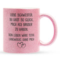22Feels® Schwester Geschenk von Bruder - Glitzertasse mit Spruch: Glück mich zu haben (Pink, 320ml)-Glitzertasse Pink 320ml-22Feels