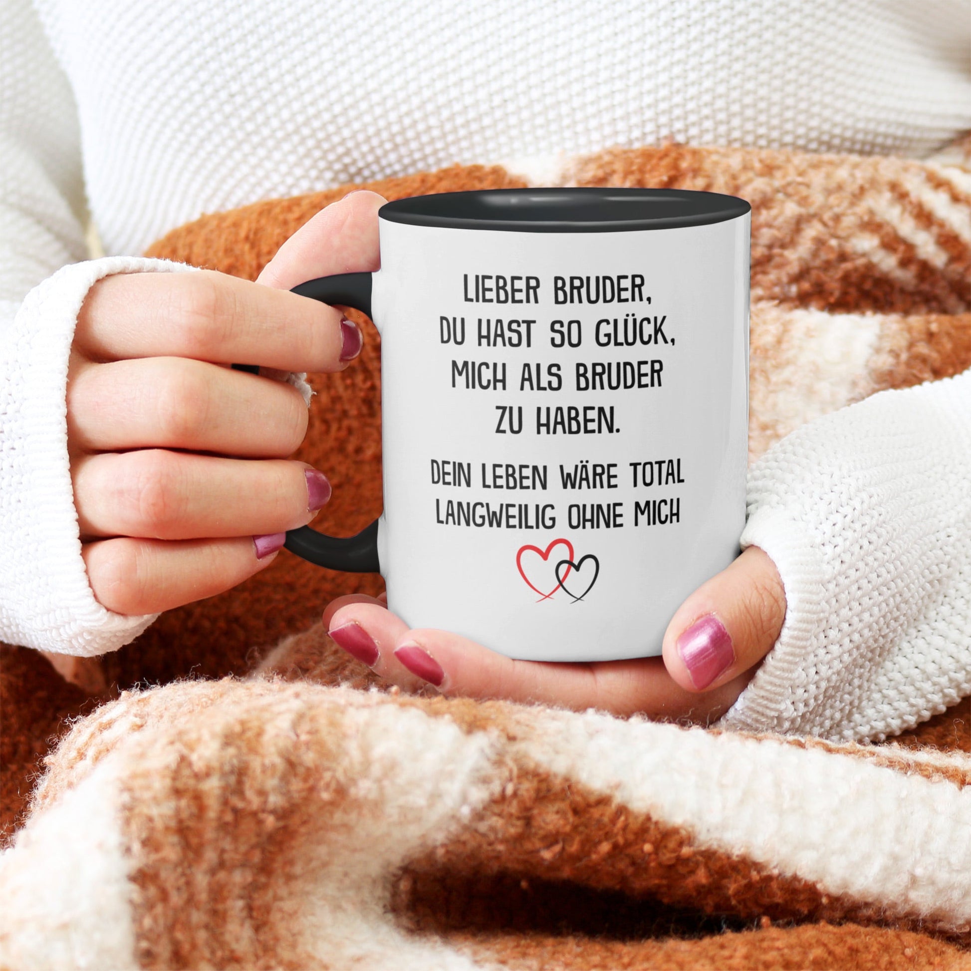 22Feels® Bruder Geschenk von Bruder - Tasse mit Spruch: Glück mich zu haben (Weiss-Schwarz, 320ml)-TwoTone Tasse Weiss-Schwarz 320ml-22Feels