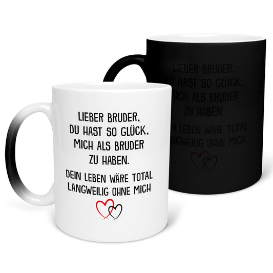 22Feels® Bruder Geschenk von Bruder - Zaubertasse mit Spruch: Glück mich zu haben (Matt-Schwarz und Weiss, 320ml)-Farbwechsel Tasse Matt 320ml-22Feels