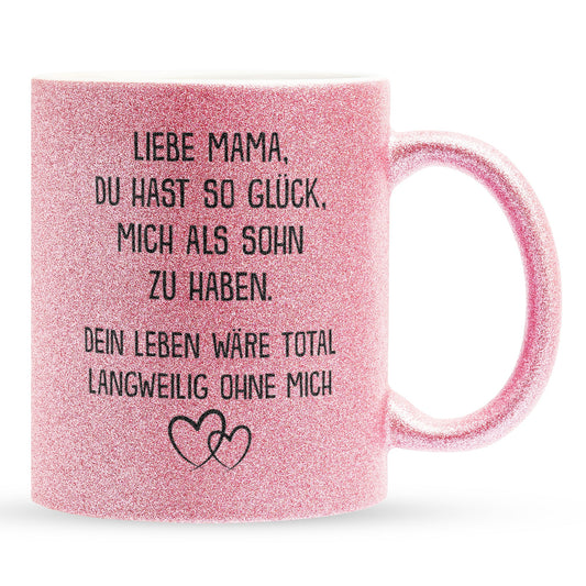 22Feels® Mama Geschenk von Sohn - Glitzertasse mit Spruch: Glück mich zu haben (Pink, 320ml)-Glitzertasse Pink 320ml-22Feels
