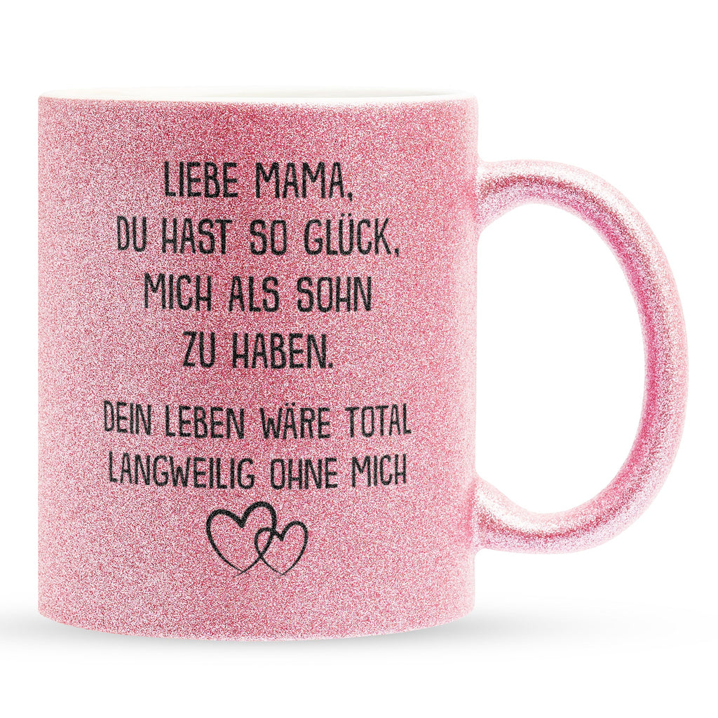 22Feels® Mama Geschenk von Sohn - Glitzertasse mit Spruch: Glück mich zu haben (Pink, 320ml)-Glitzertasse Pink 320ml-22Feels