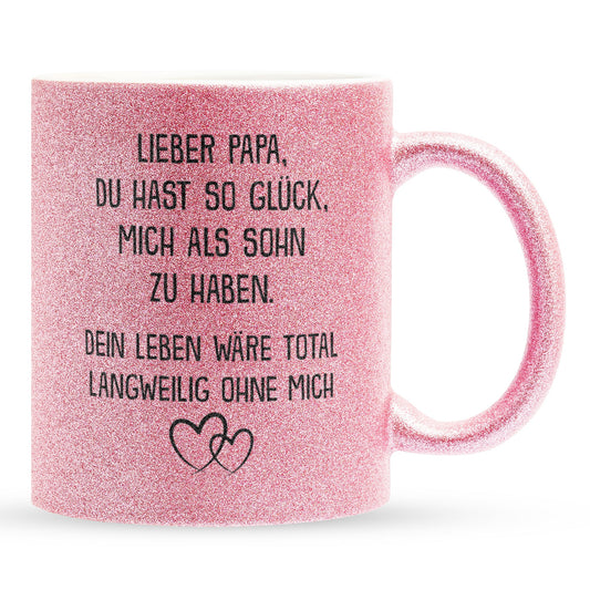 22Feels® Papa Geschenk von Sohn - Glitzertasse mit Spruch: Glück mich zu haben (Pink, 320ml)-Glitzertasse Pink 320ml-22Feels