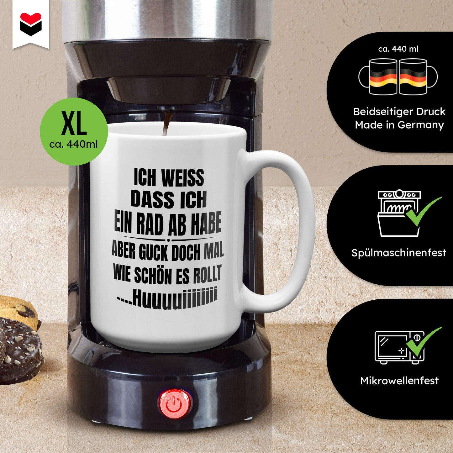 22Feels® Lustige XL Tasse mit Spruch: Ich weiss, dass ich ein Rad abhabe - Büro Geschenkidee (Weiss, 440ml)-Weisse XL Tasse 440ml-22Feels