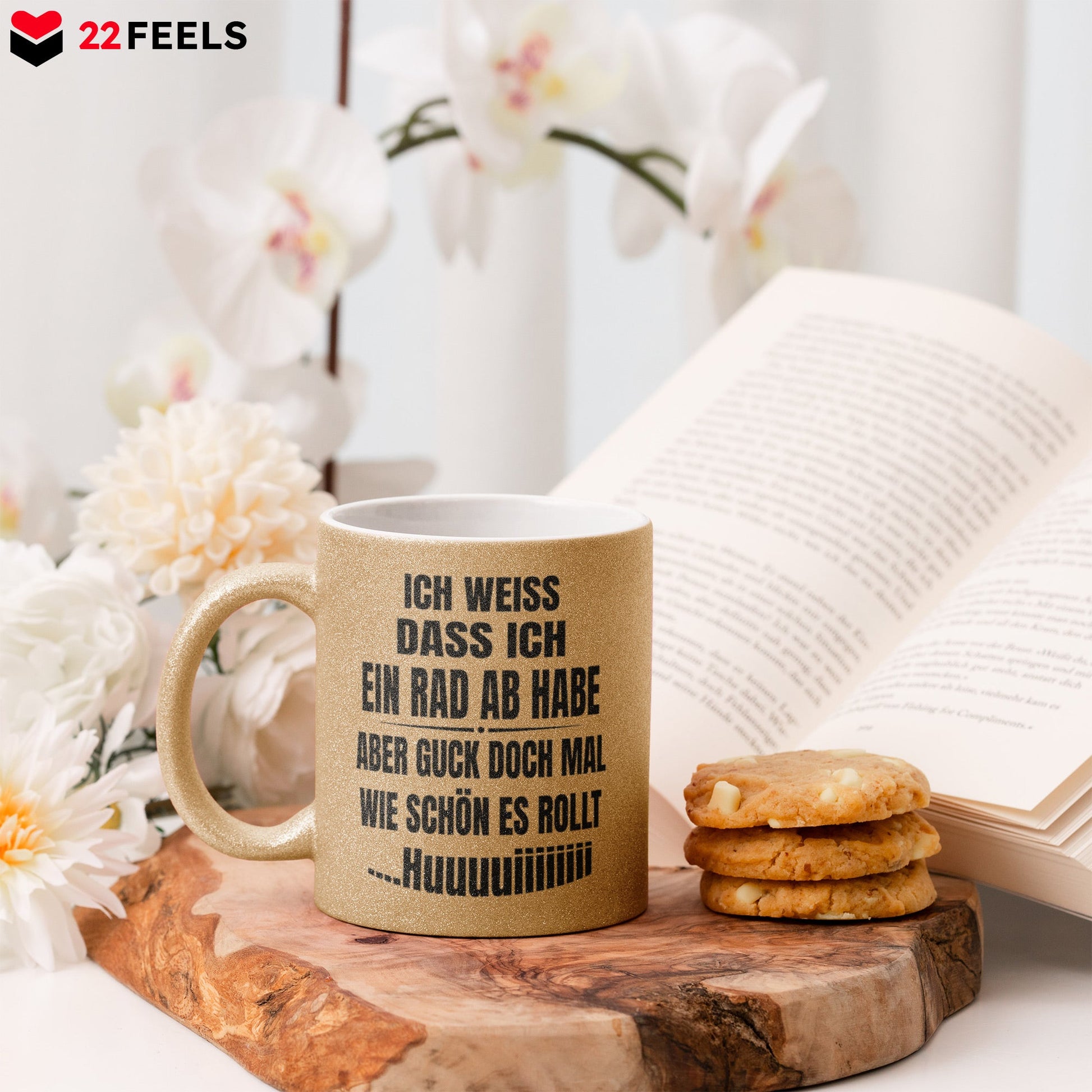 22Feels® Lustige Glitzertasse mit Spruch: Ich weiss, dass ich ein Rad abhabe - Büro Geschenkidee (Gold, 320ml)-Glitzertasse Gold 320ml-22Feels