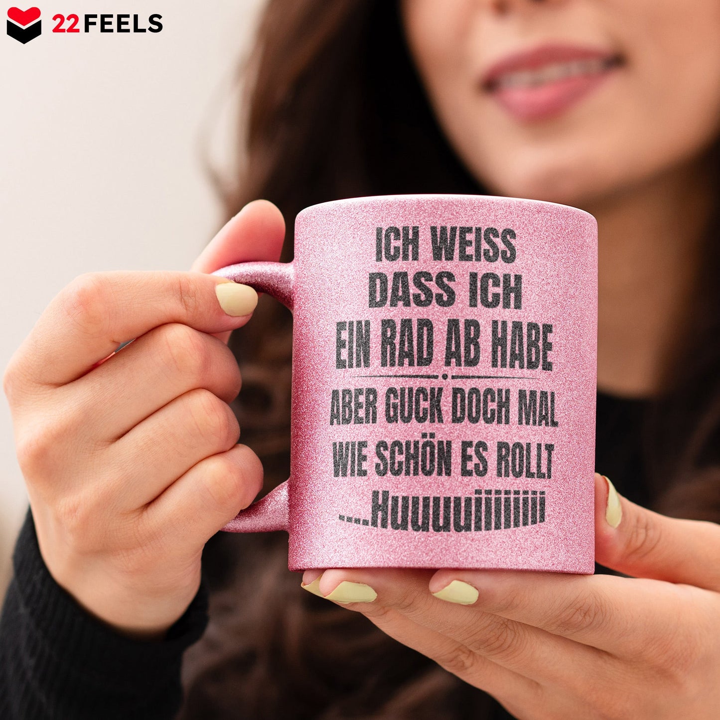 22Feels® Lustige Glitzertasse mit Spruch: Ich weiss, dass ich ein Rad abhabe - Büro Geschenkidee (Pink, 320ml)-Glitzertasse Pink 320ml-22Feels