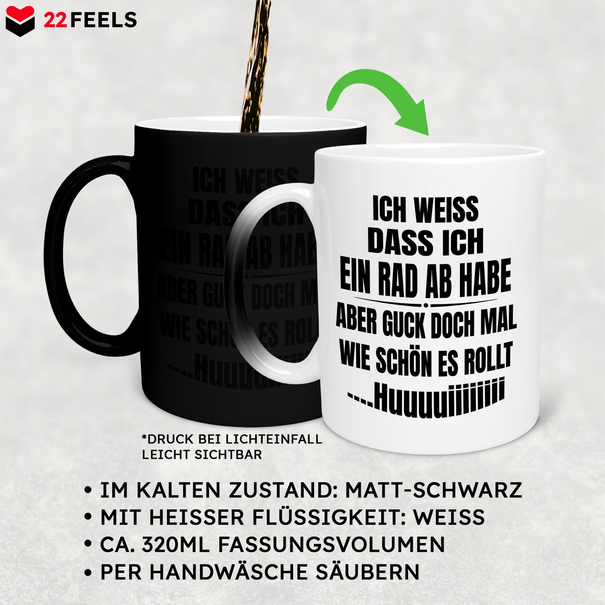 22Feels® Lustige Zaubertasse mit Spruch: Ich weiss, dass ich ein Rad abhabe - Büro Geschenkidee (Matt-Schwarz und Weiss, 320ml)-Farbwechsel Tasse Matt 320ml-22Feels