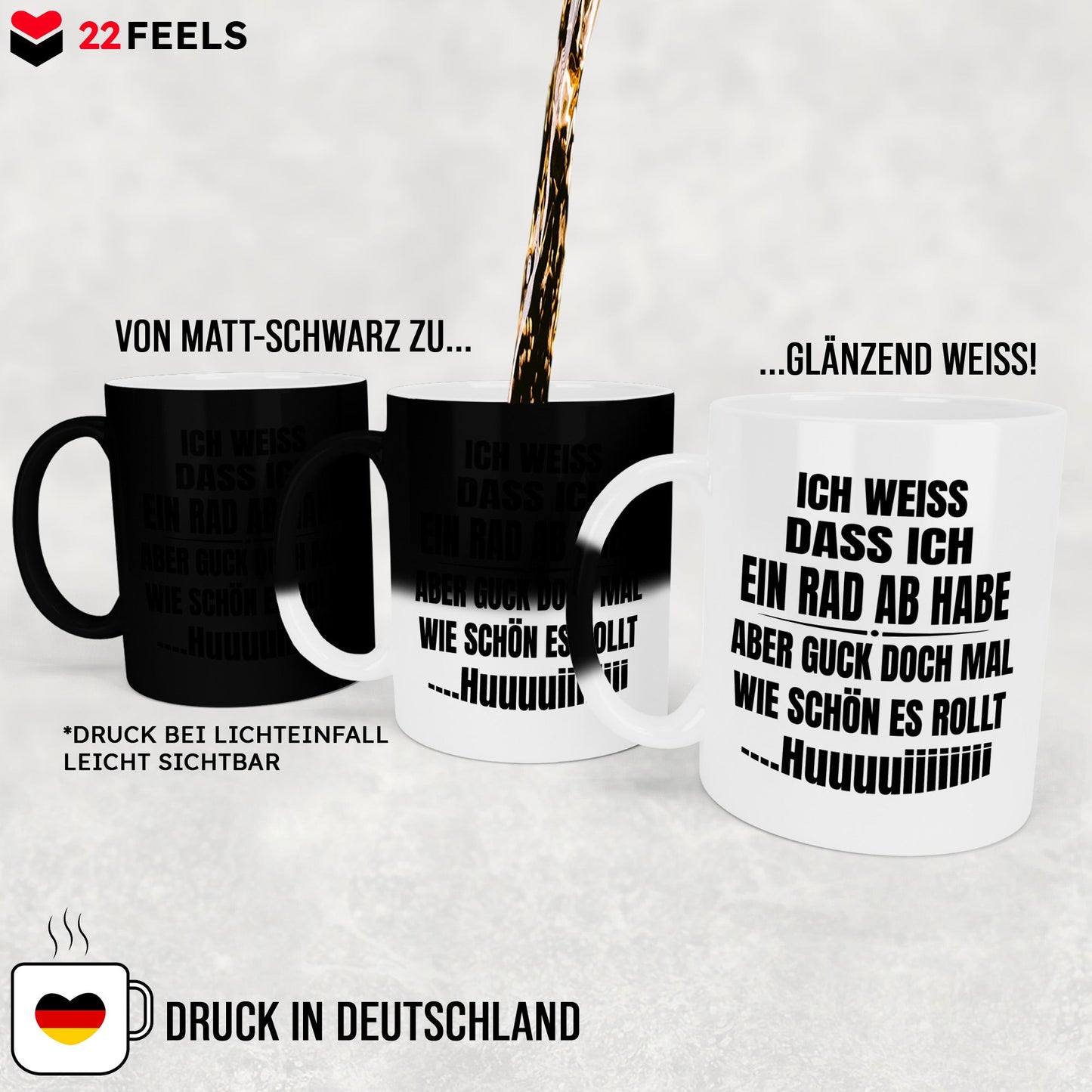 22Feels® Lustige Zaubertasse mit Spruch: Ich weiss, dass ich ein Rad abhabe - Büro Geschenkidee (Matt-Schwarz und Weiss, 320ml)-Farbwechsel Tasse Matt 320ml-22Feels
