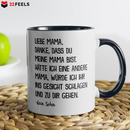 22Feels® Mama Geschenk von Sohn - Tasse mit Spruch: Danke (Weiss-Schwarz, 320ml)-TwoTone Tasse Weiss-Schwarz 320ml-22Feels