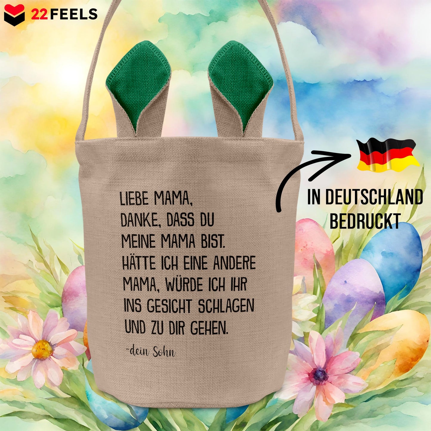 22Feels® Mama Osterkorb von Sohn Mutter mit Henkel Ostergeschenk Tragetasche Ostern Deko Osternest Körbchen Hasenohren (Beige/Grün)-Ostern Tragetasche-22Feels