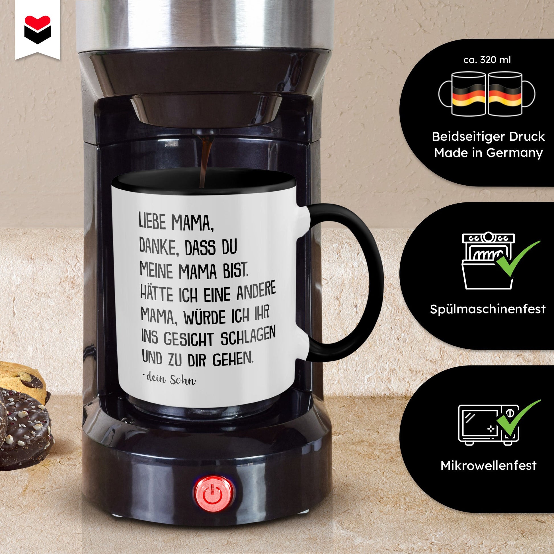 22Feels® Mama Geschenk von Sohn - Tasse mit Spruch: Danke (Weiss-Schwarz, 320ml)-TwoTone Tasse Weiss-Schwarz 320ml-22Feels