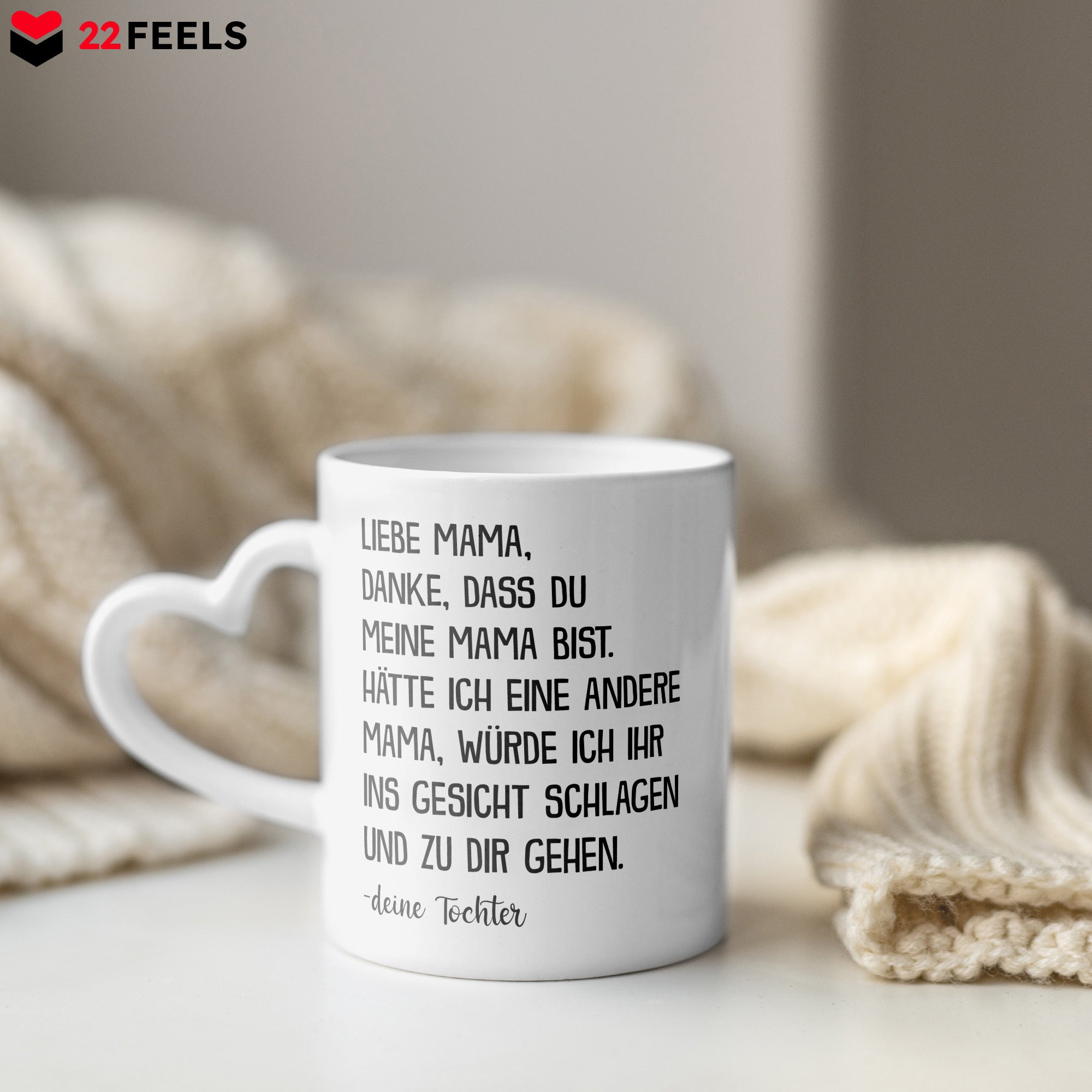 22Feels® Mama Geschenk von Tochter - Tasse mit Spruch (Herzhenkel, Weiss, 320ml)-Tasse Weiss Herzhenkel 320ml-22Feels