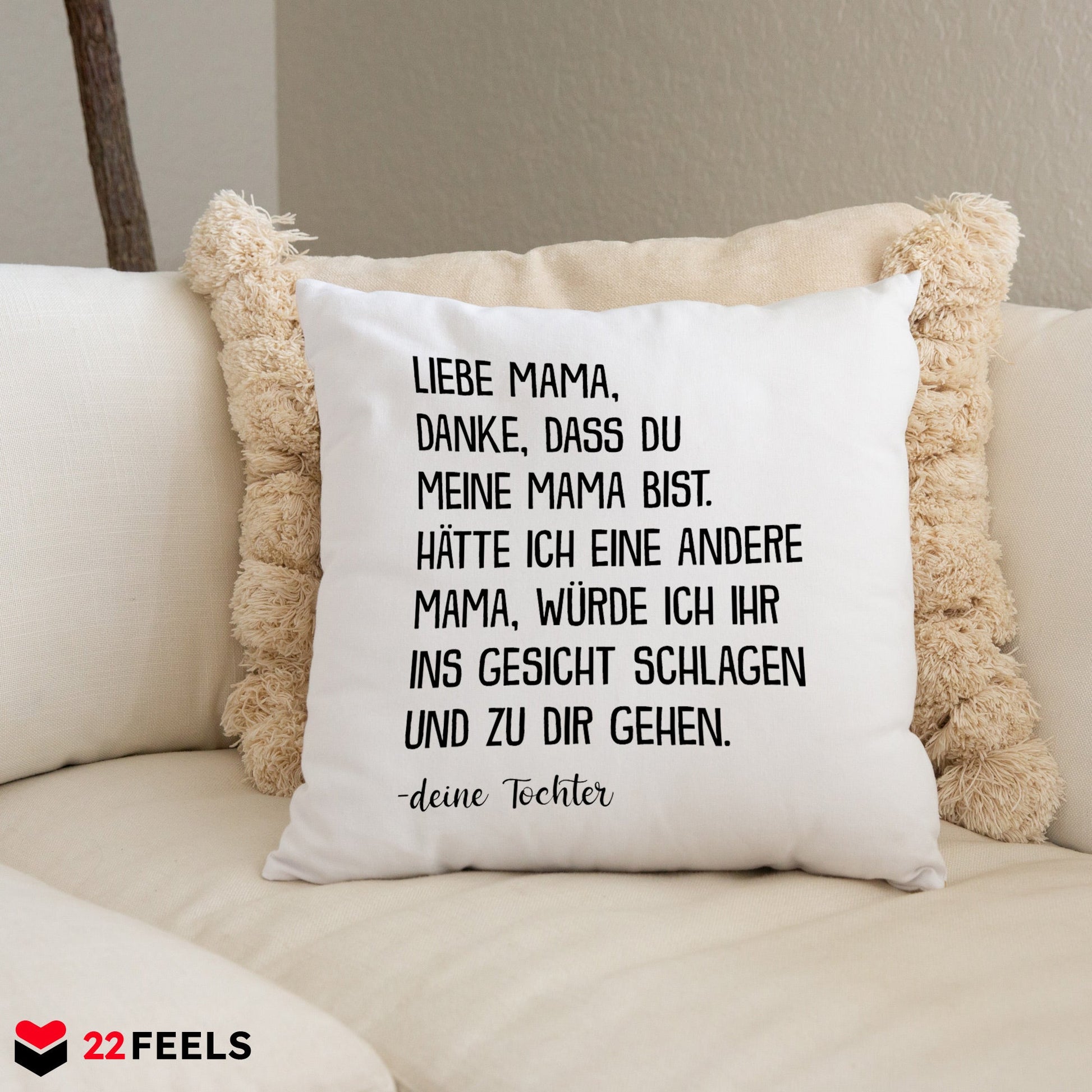 22Feels® Mama Geschenk von der Tochter - Kissen mit Spruch: Danke (Weiss 40x40cm)-Kissen Weiss 40x40-22Feels