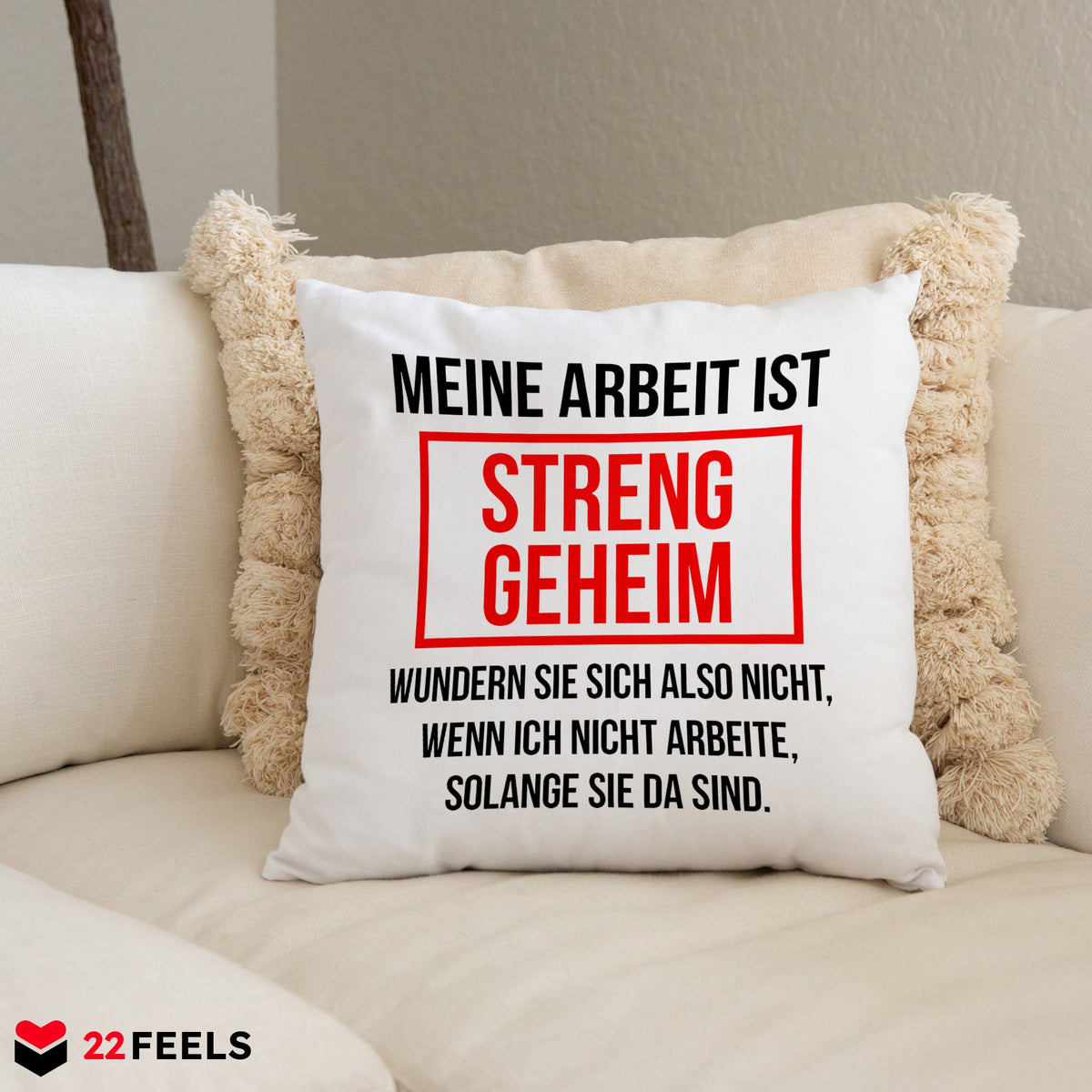 22Feels® Lustiges Kissen mit Spruch: Meine Arbeit ist streng geheim - Büro Geschenkidee (Weiss 40x40cm)-Kissen Weiss 40x40-22Feels