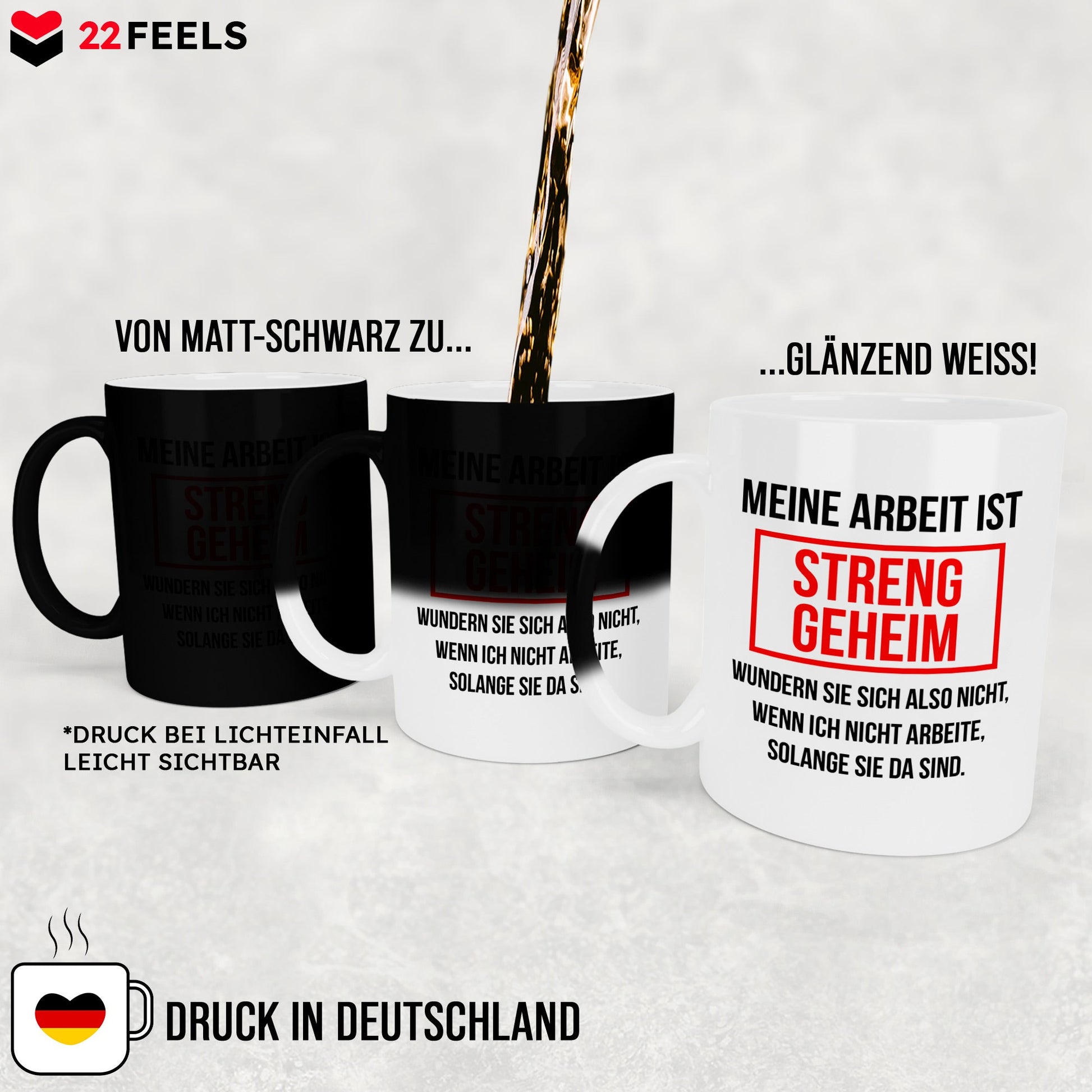 22Feels® Lustige Zaubertasse mit Spruch: Meine Arbeit ist streng geheim - Büro Geschenkidee (Matt-Schwarz und Weiss, 320ml)-Farbwechsel Tasse Matt 320ml-22Feels