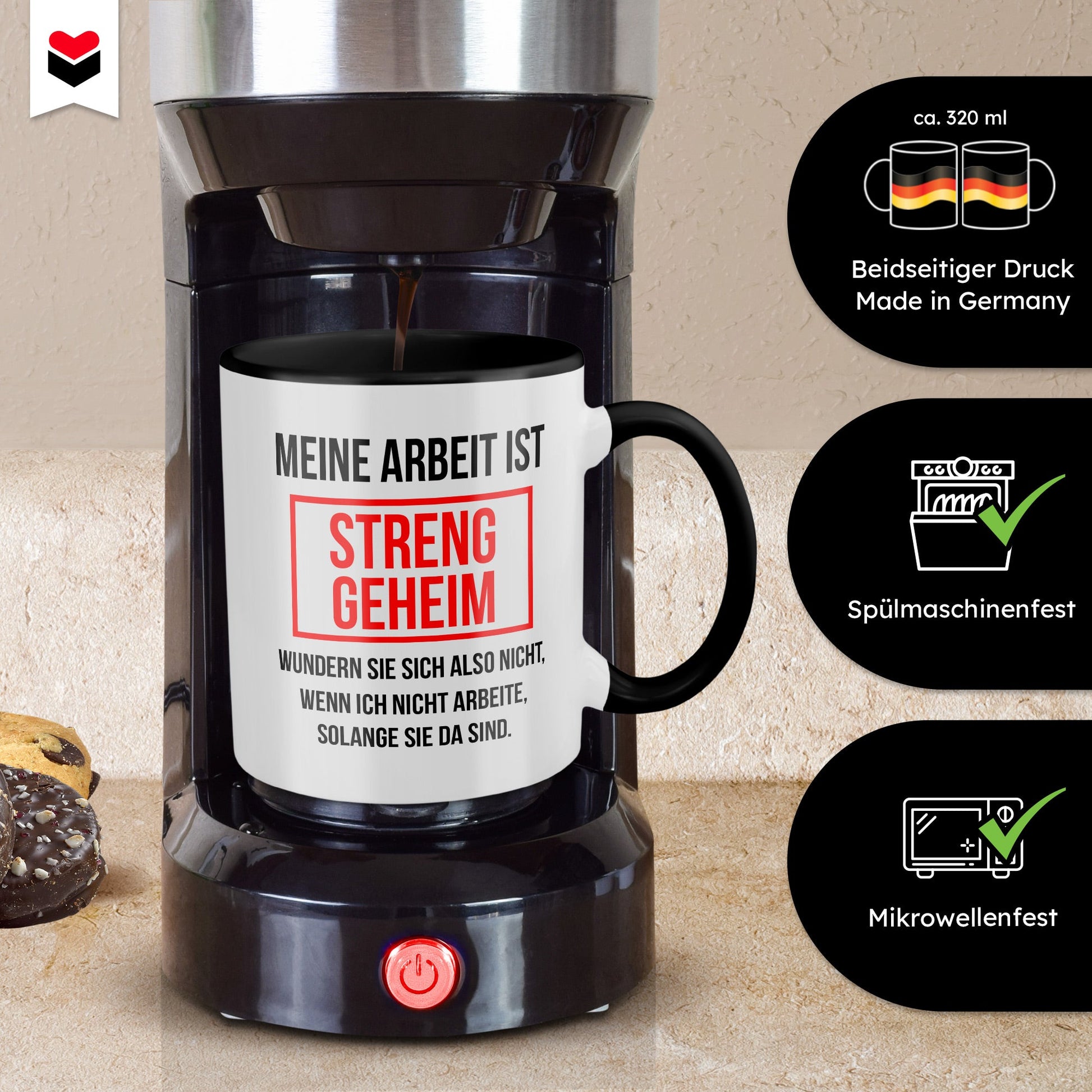 22Feels® Lustige Tasse mit Spruch: Meine Arbeit ist streng geheim - Büro Geschenkidee (Weiss-Schwarz, 320ml)-TwoTone Tasse Weiss-Schwarz 320ml-22Feels