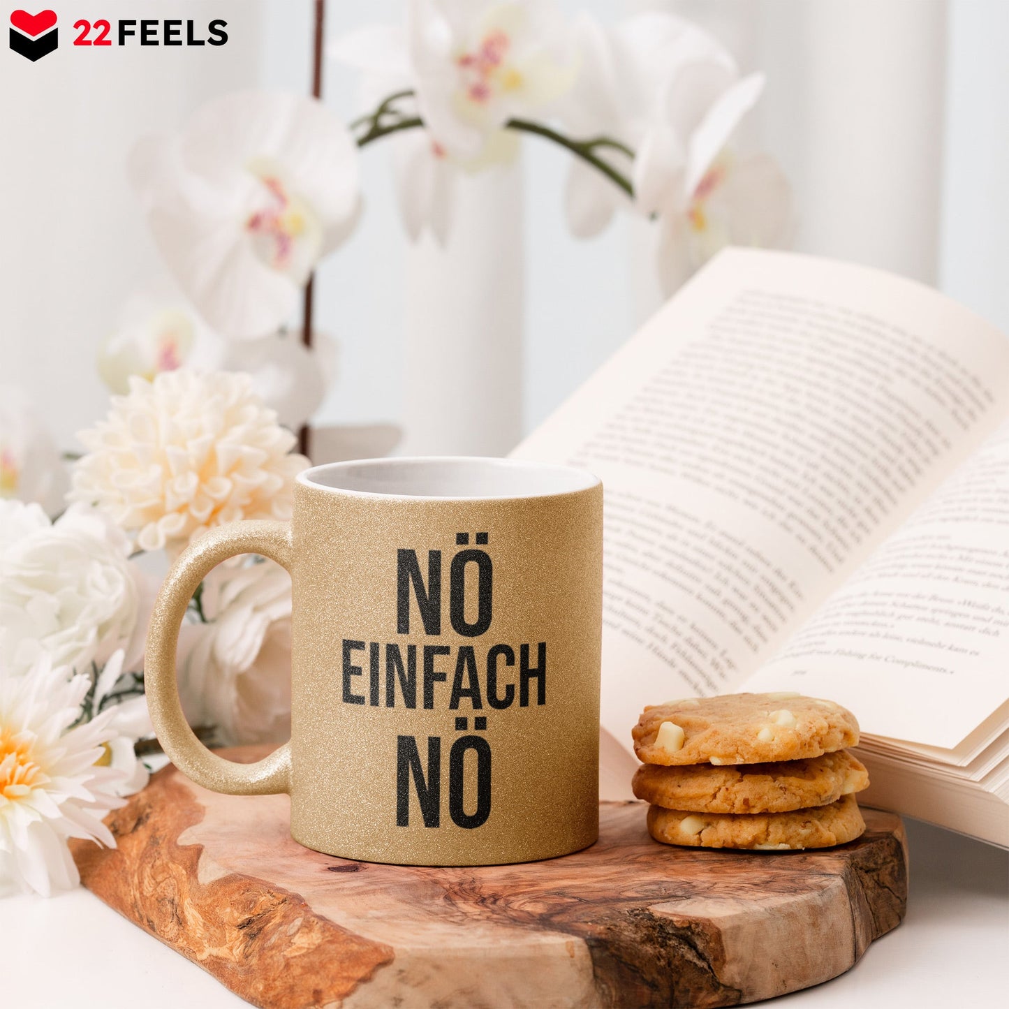 22Feels® Lustige Glitzertasse mit Spruch: Nö Einfach Nö - Büro Geschenkidee (Gold, 320ml)-Glitzertasse Gold 320ml-22Feels
