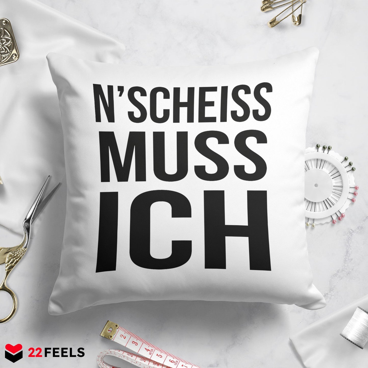 22Feels® Lustiges Kissen mit Spruch: N'Scheiss Muss Ich - Büro Geschenkidee (Weiss 40x40cm)-Kissen Weiss 40x40-22Feels