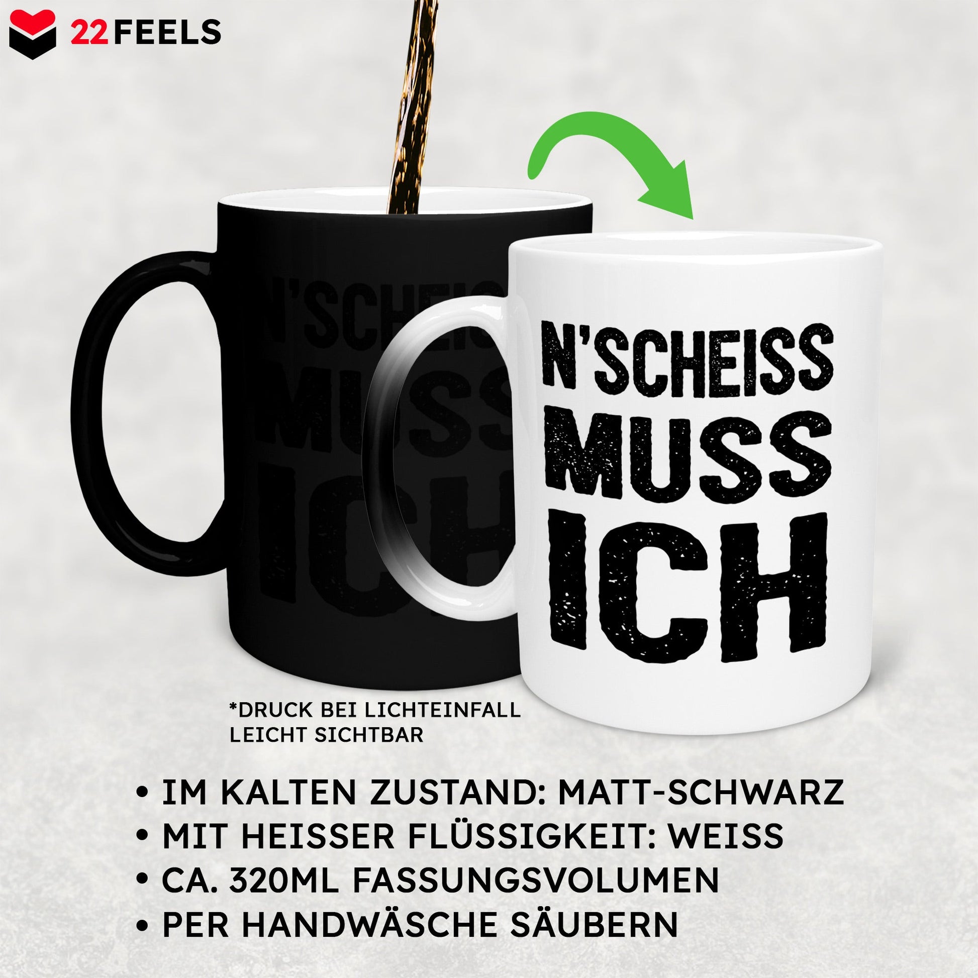 22Feels® Lustige Zaubertasse mit Spruch: N'Scheiss Muss Ich - Büro Geschenkidee (Matt-Schwarz und Weiss, 320ml)-Farbwechsel Tasse Matt 320ml-22Feels