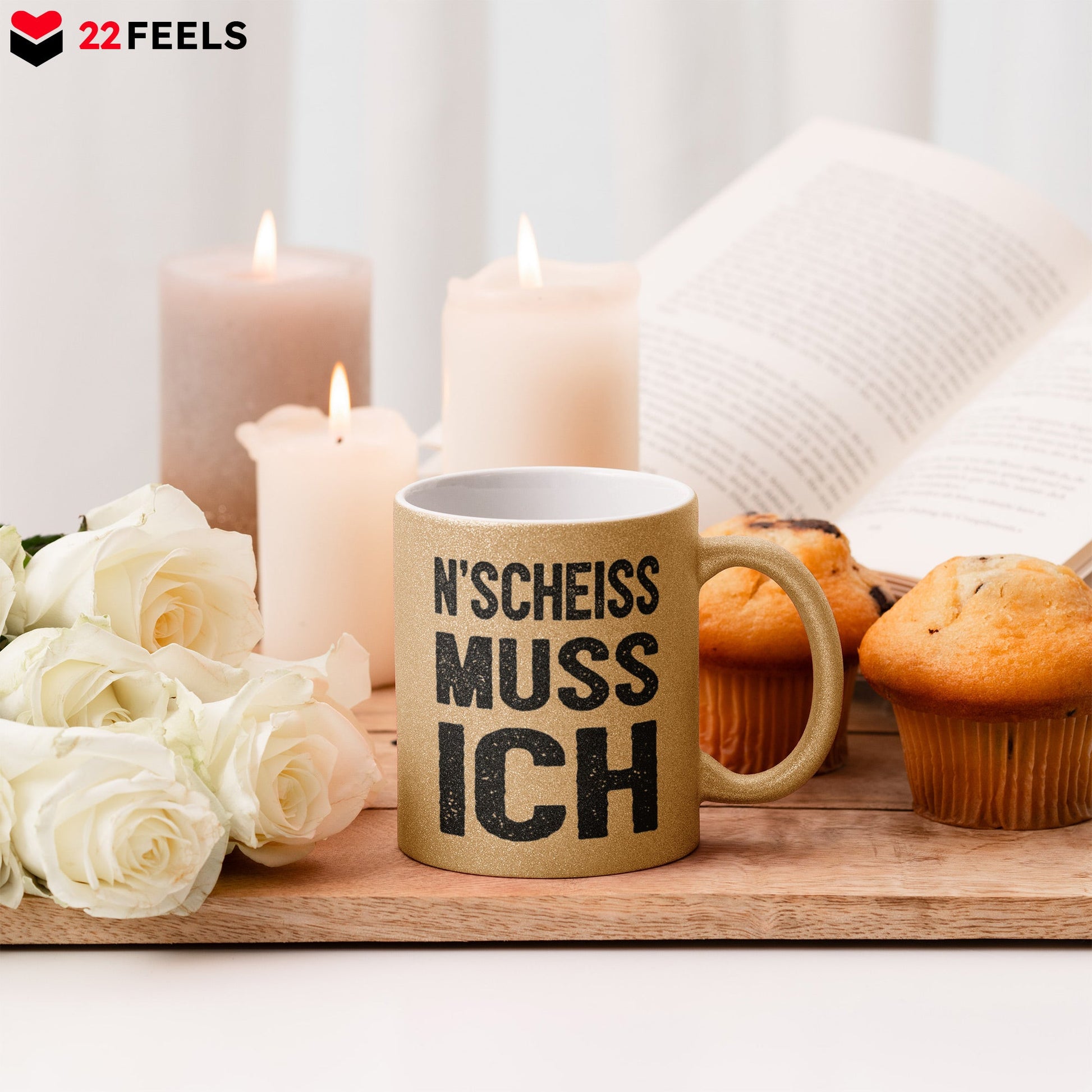 22Feels® Lustige Glitzertasse mit Spruch: N'Scheiss Muss Ich - Büro Geschenkidee (Gold, 320ml)-Glitzertasse Gold 320ml-22Feels