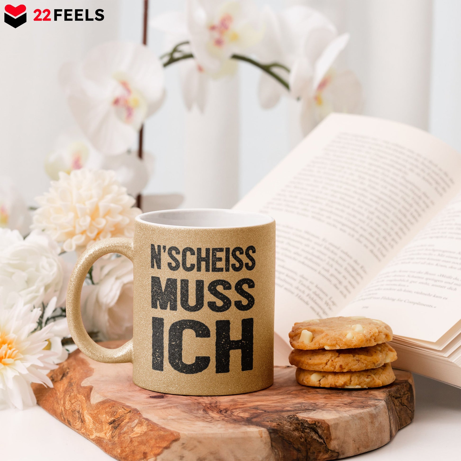 22Feels® Lustige Glitzertasse mit Spruch: N'Scheiss Muss Ich - Büro Geschenkidee (Gold, 320ml)-Glitzertasse Gold 320ml-22Feels