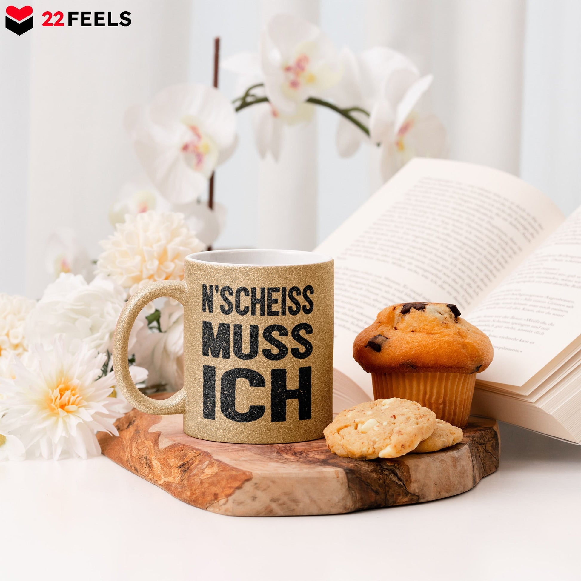 22Feels® Lustige Glitzertasse mit Spruch: N'Scheiss Muss Ich - Büro Geschenkidee (Gold, 320ml)-Glitzertasse Gold 320ml-22Feels