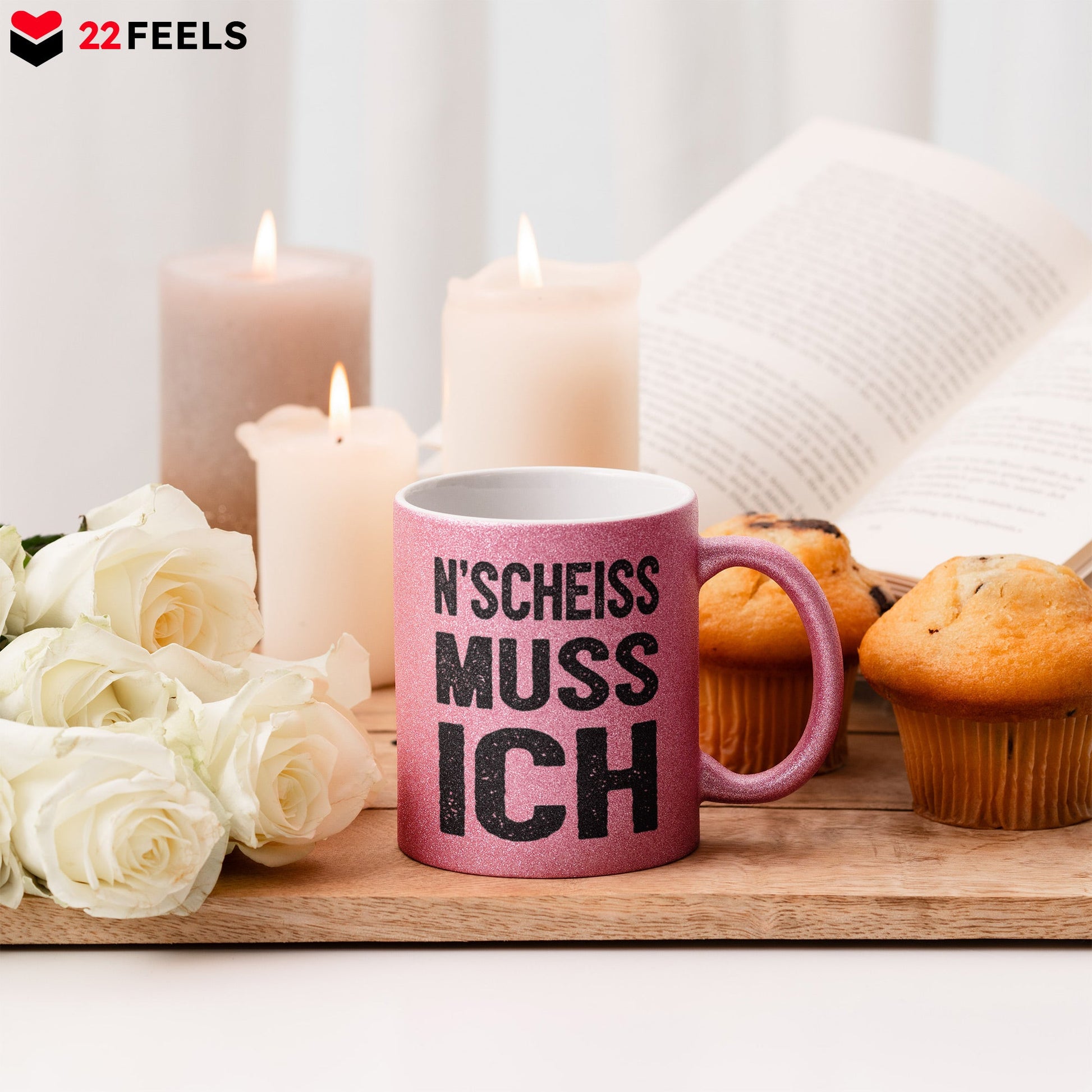 22Feels® Lustige Glitzertasse mit Spruch: N'Scheiss Muss Ich - Büro Geschenkidee (Pink, 320ml)-Glitzertasse Pink 320ml-22Feels