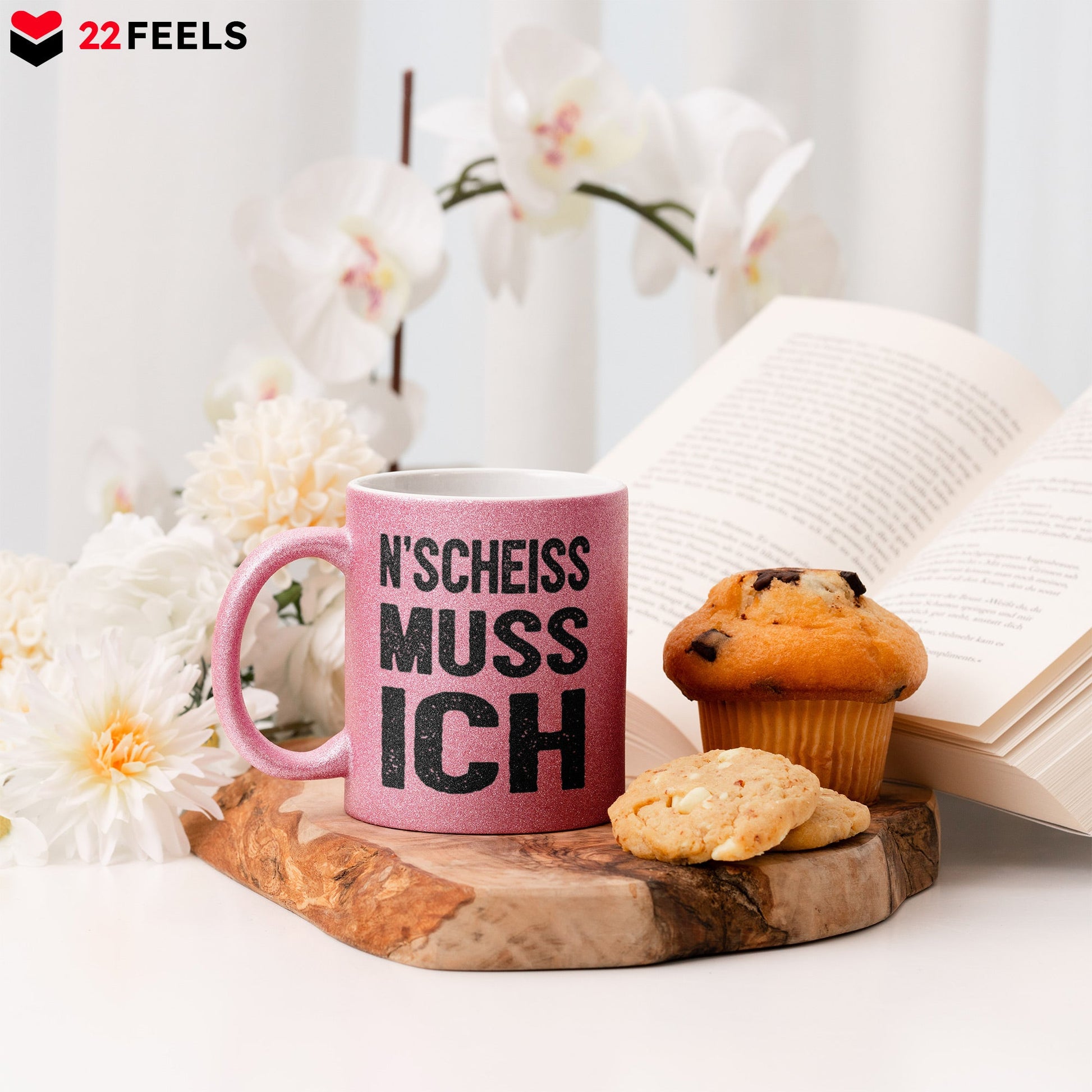 22Feels® Lustige Glitzertasse mit Spruch: N'Scheiss Muss Ich - Büro Geschenkidee (Pink, 320ml)-Glitzertasse Pink 320ml-22Feels