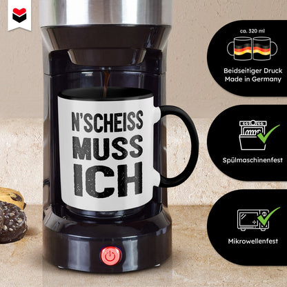 22Feels® Lustige Tasse mit Spruch: N'Scheiss Muss Ich - Büro Geschenkidee (Weiss-Schwarz, 320ml)-TwoTone Tasse Weiss-Schwarz 320ml-22Feels