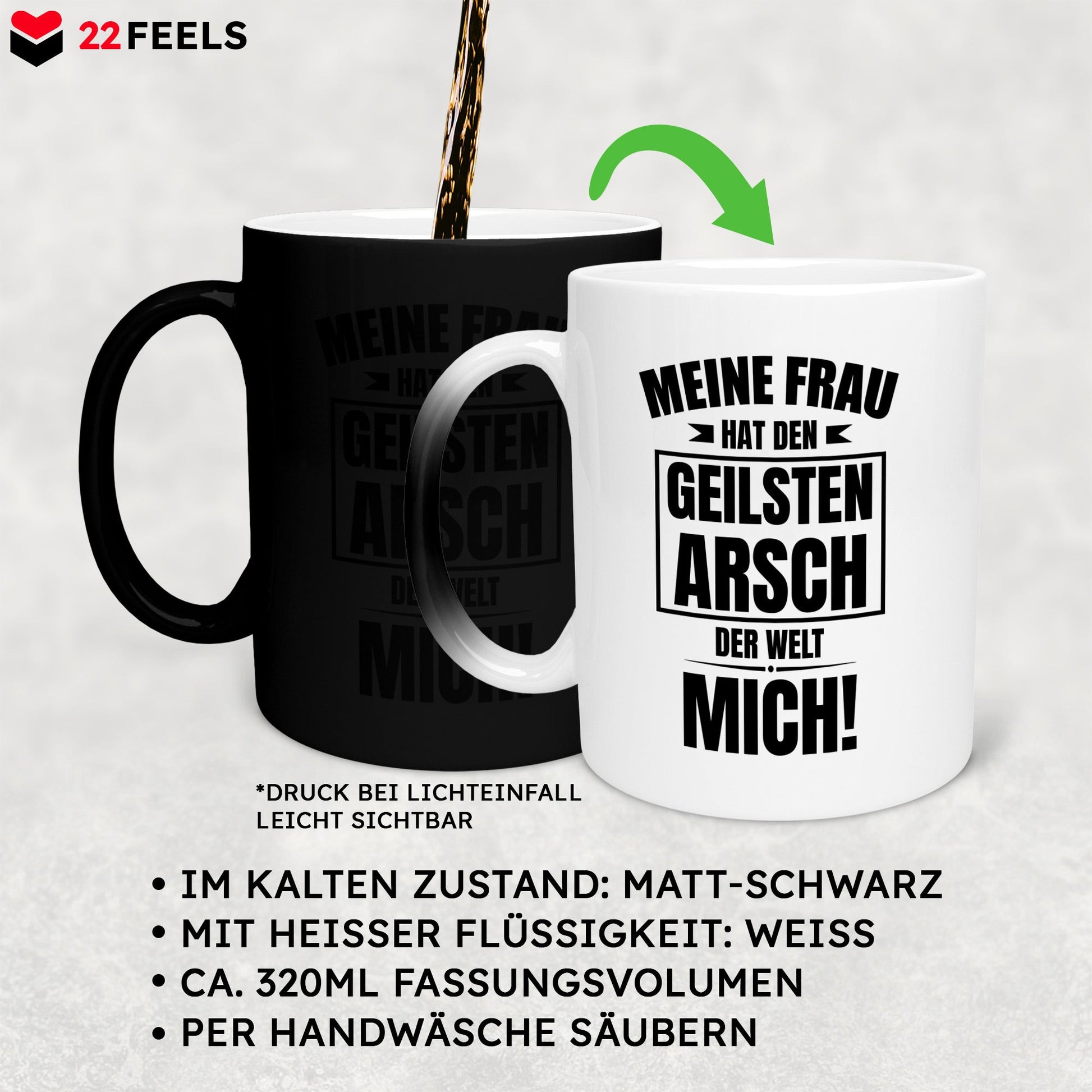 22Feels® Ehemann Geschenk zum Hochzeitstag, Valentinstag etc. - Zaubertasse mit Spruch: Geilster A'sch (Matt-Schwarz und Weiss, 320ml)-Farbwechsel Tasse Matt 320ml-22Feels