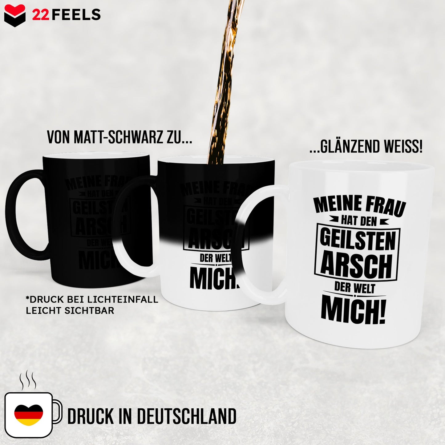 22Feels® Ehemann Geschenk zum Hochzeitstag, Valentinstag etc. - Zaubertasse mit Spruch: Geilster A'sch (Matt-Schwarz und Weiss, 320ml)-Farbwechsel Tasse Matt 320ml-22Feels