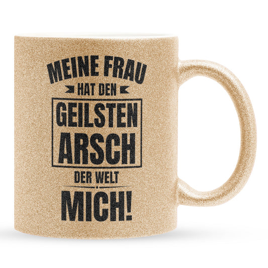 22Feels® Ehemann Geschenk zum Hochzeitstag, Valentinstag etc. - Glitzertasse mit Spruch: Geilster A'sch (Gold, 320ml)-Glitzertasse Gold 320ml-22Feels