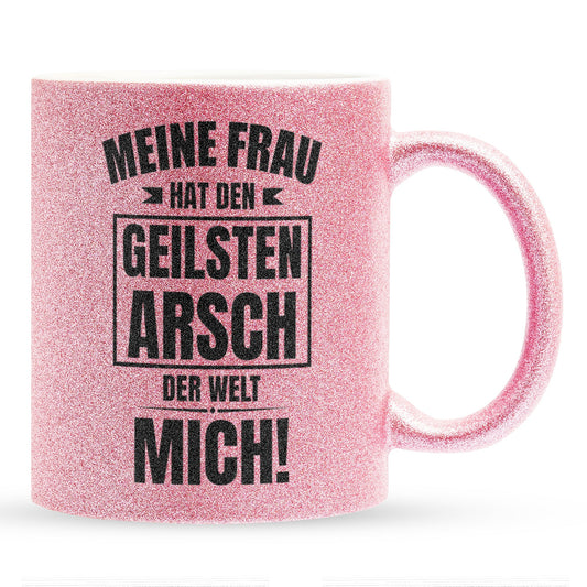 22Feels® Ehemann Geschenk zum Hochzeitstag, Valentinstag etc. - Glitzertasse mit Spruch: Geilster A'sch (Pink, 320ml)-Glitzertasse Pink 320ml-22Feels