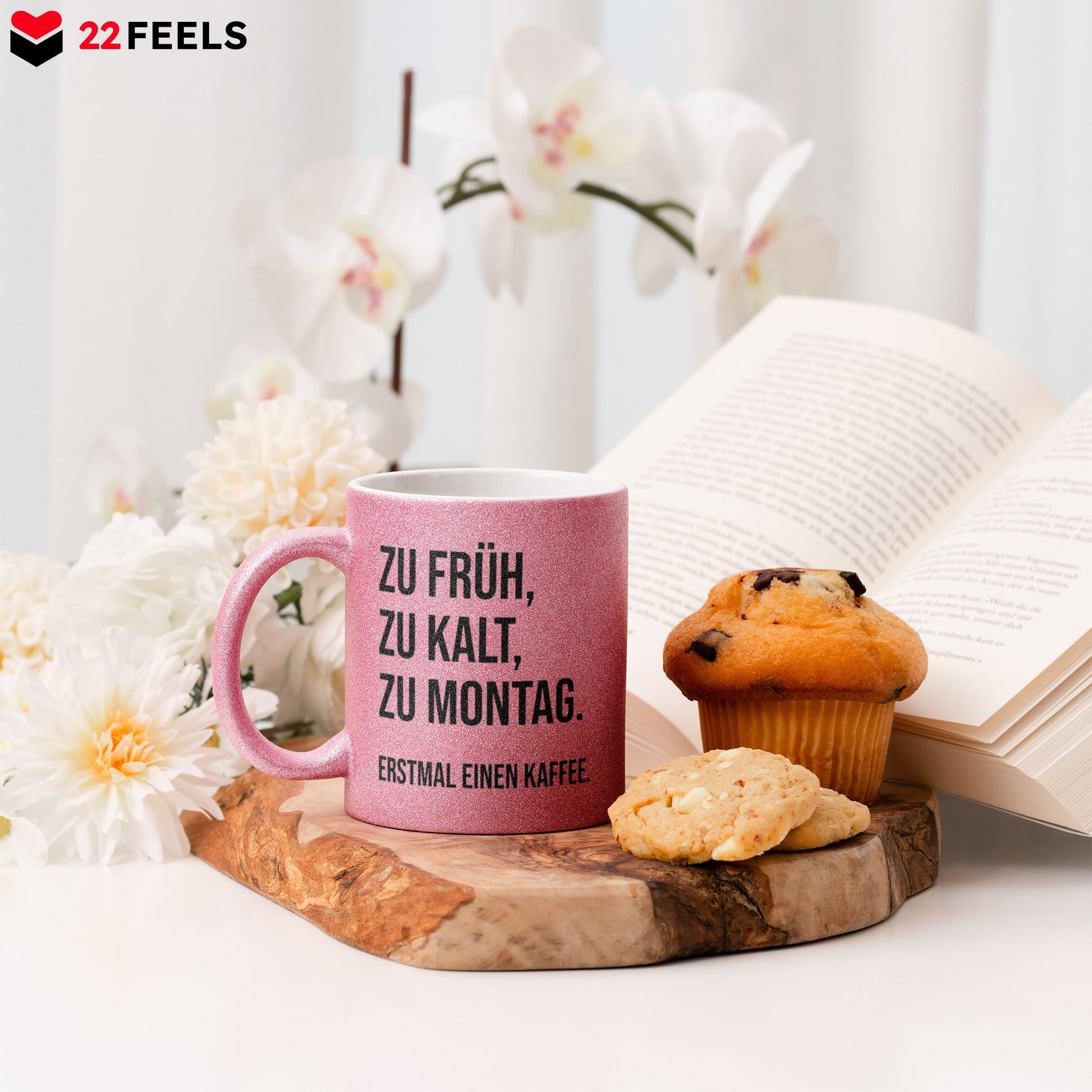 22Feels® Lustige Glitzertasse mit Spruch: Zu früh, zu kalt, zu Montag - Büro Geschenkidee (Pink, 320ml)-Glitzertasse Pink 320ml-22Feels