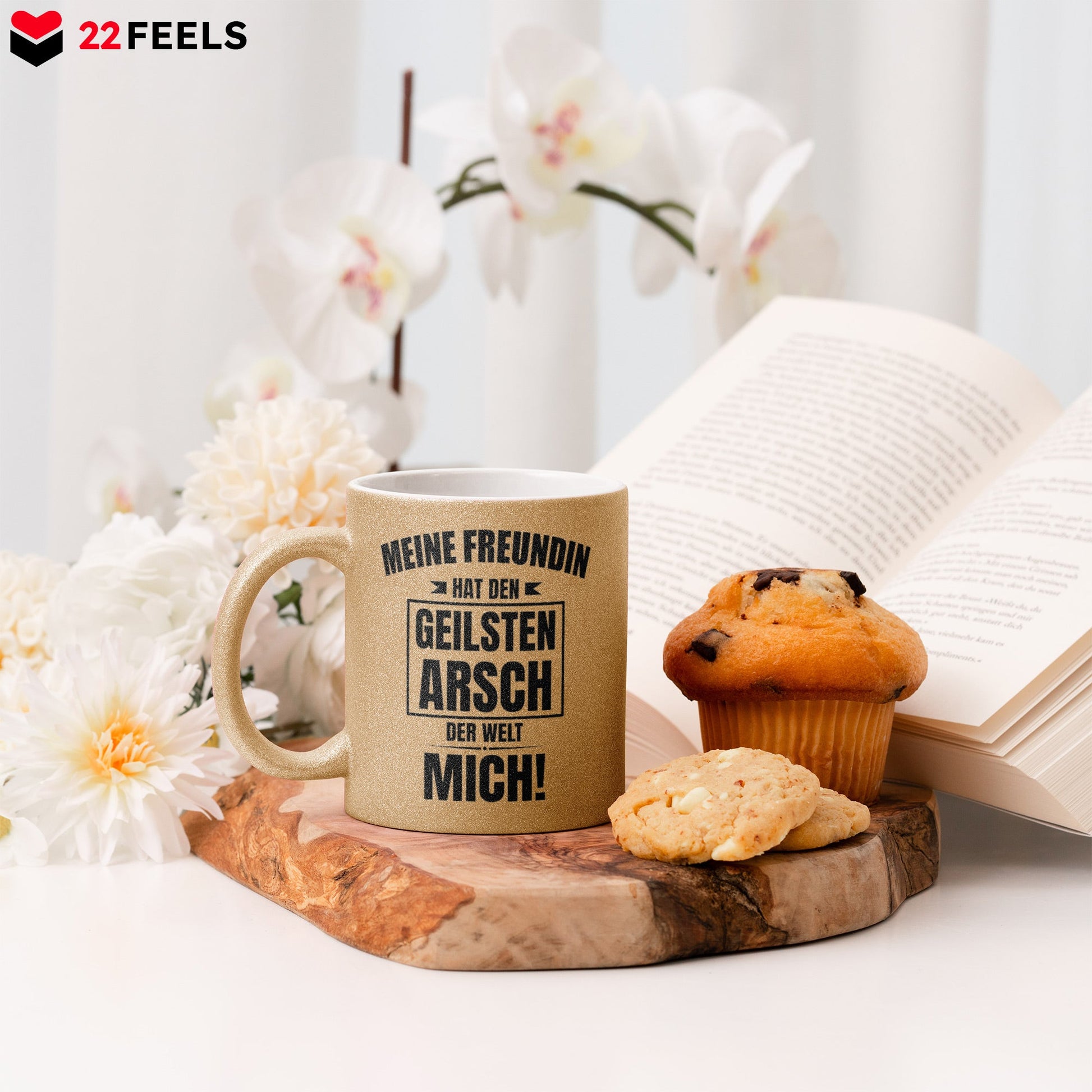 22Feels® Freund Geschenk zum Jahrestag, Valentinstag etc. - Glitzertasse mit Spruch: Geilster A-sch (Gold, 320ml)-Glitzertasse Gold 320ml-22Feels