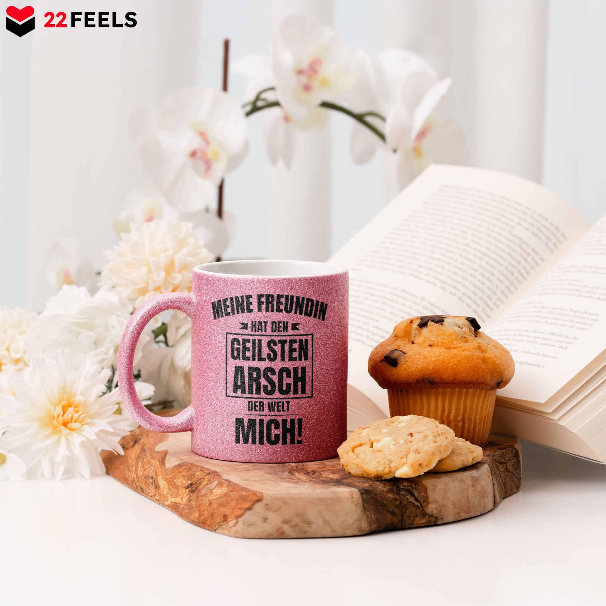 22Feels® Freund Geschenk zum Jahrestag, Valentinstag etc. - Glitzertasse mit Spruch: Geilster A-sch (Pink, 320ml)-Glitzertasse Pink 320ml-22Feels