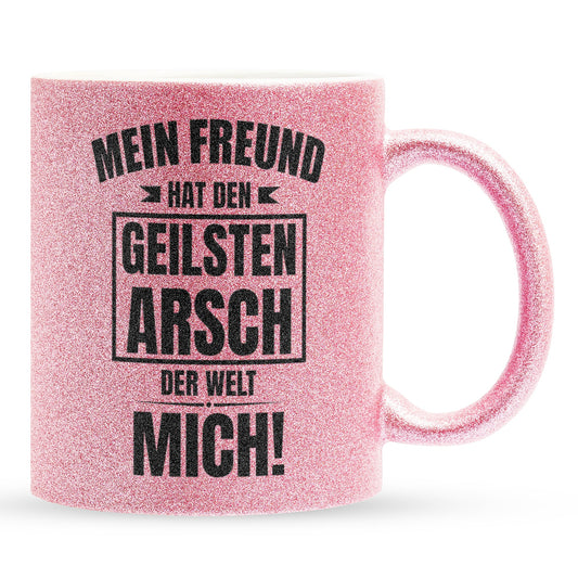 22Feels® Freundin Geschenk zum Jahrestag, Valentinstag etc. - Glitzertasse mit Spruch: Geilster A*sch (Pink, 320ml)-Glitzertasse Pink 320ml-22Feels