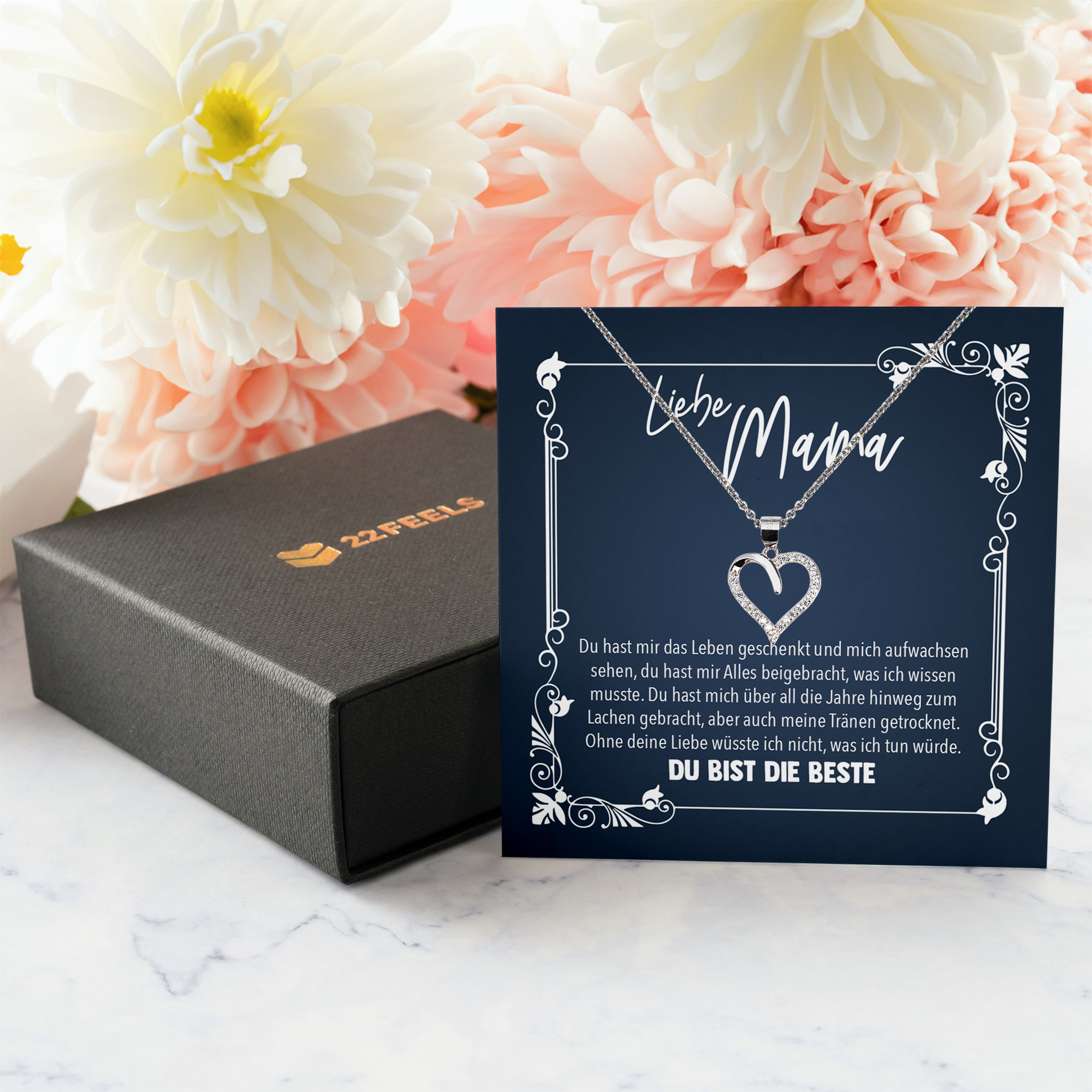 22Feels® Mama Geschenk zum Muttertag, Geburtstag und co. - Echt Silber 925/000 Schmuckset: Herz Halskette mit Botschaftskarte-Schmuck mit Botschaftskarte - Herz21-22Feels