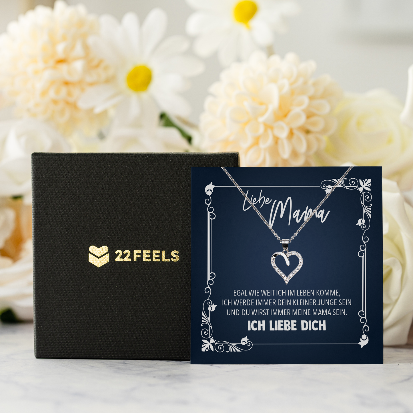 22Feels® Liebe Mama Geschenk vom Sohn - Echt Silber 925/000 Schmuckset: Herz Halskette mit Botschaftskarte-Schmuck mit Botschaftskarte - Herz21-22Feels