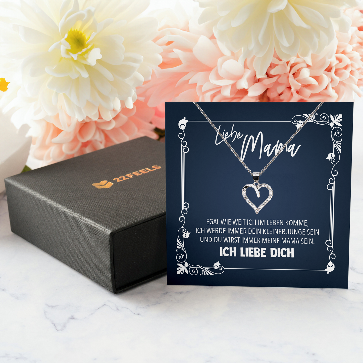 22Feels® Liebe Mama Geschenk vom Sohn - Echt Silber 925/000 Schmuckset: Herz Halskette mit Botschaftskarte-Schmuck mit Botschaftskarte - Herz21-22Feels