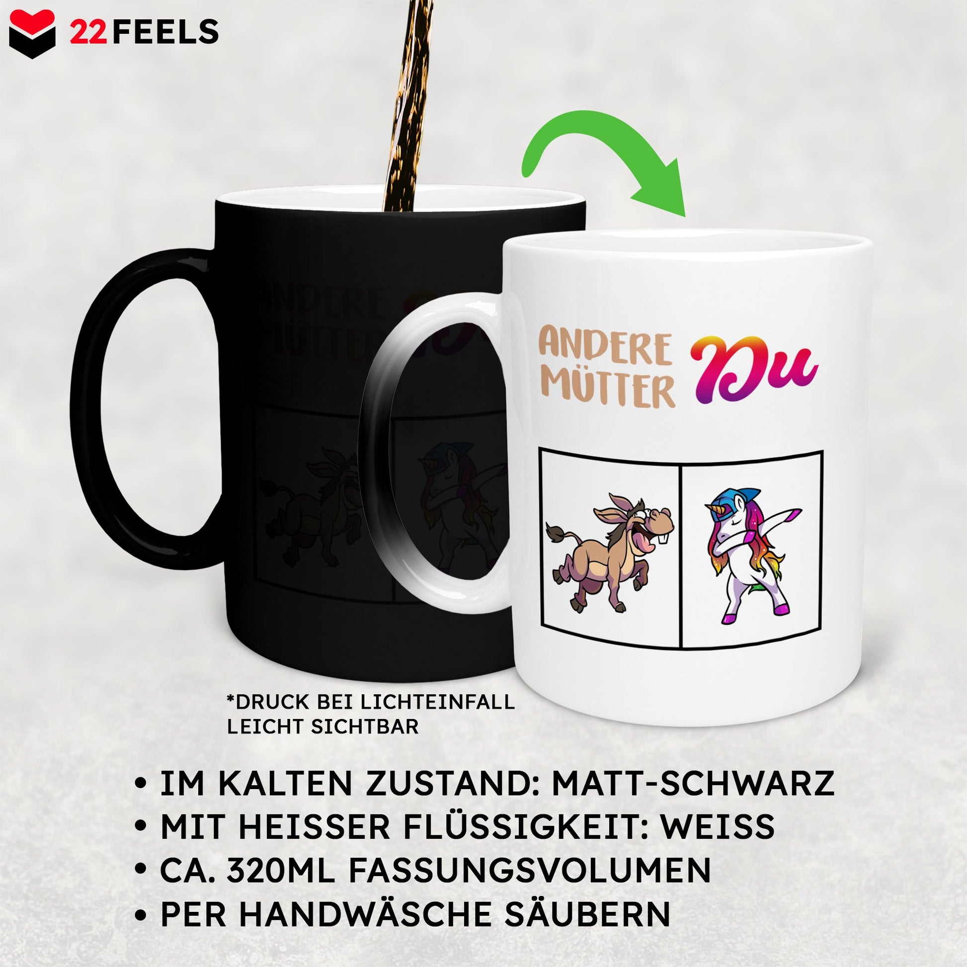 22Feels® Mama Geschenk - Zaubertasse mit Spruch: Andere Mütter Du (Einhorn) (Matt-Schwarz und Weiss, 320ml)-Farbwechsel Tasse Matt 320ml-22Feels