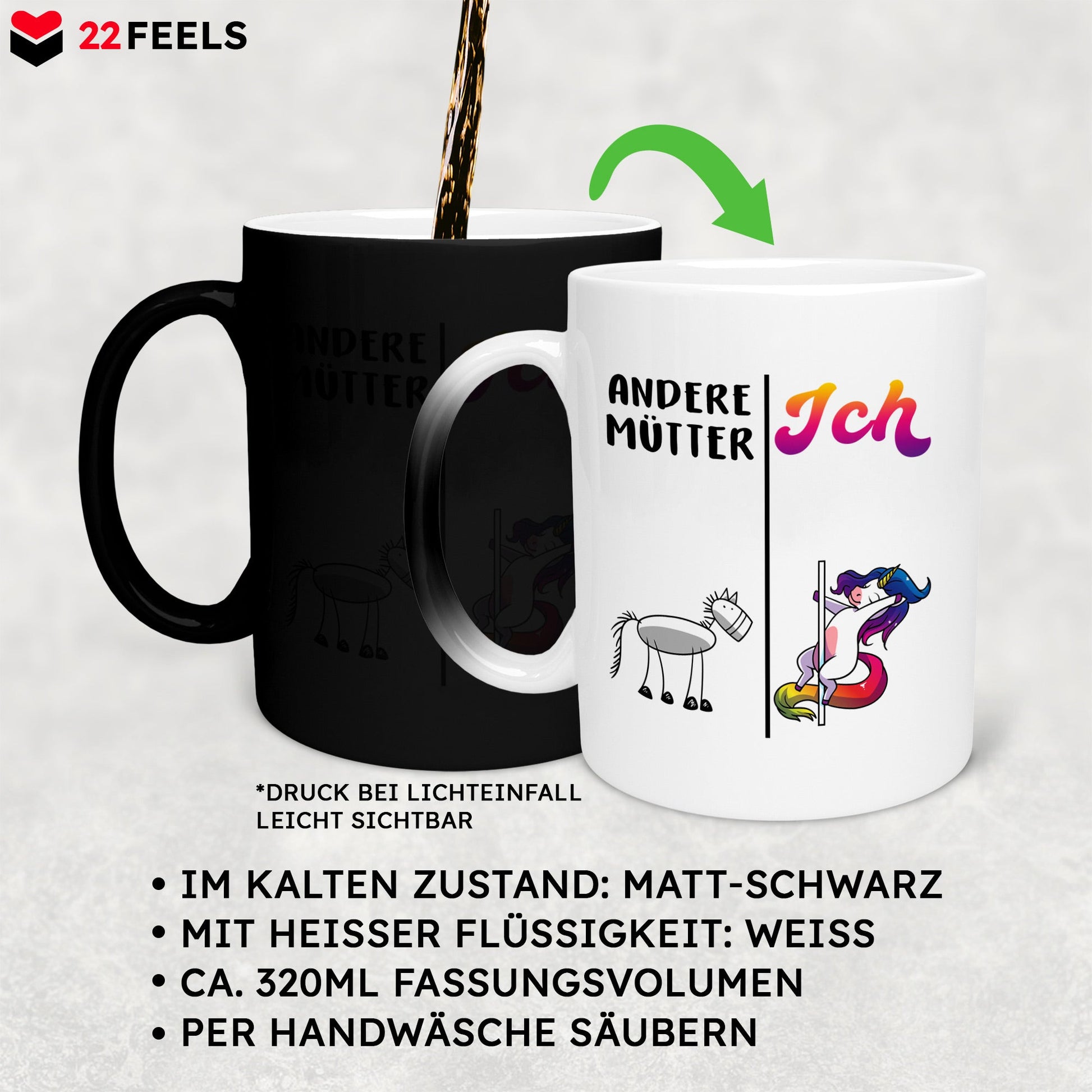 22Feels® Mama Geschenk - Zaubertasse mit Spruch: Andere Mütter Ich (Einhorn) (Matt-Schwarz und Weiss, 320ml)-Farbwechsel Tasse Matt 320ml-22Feels