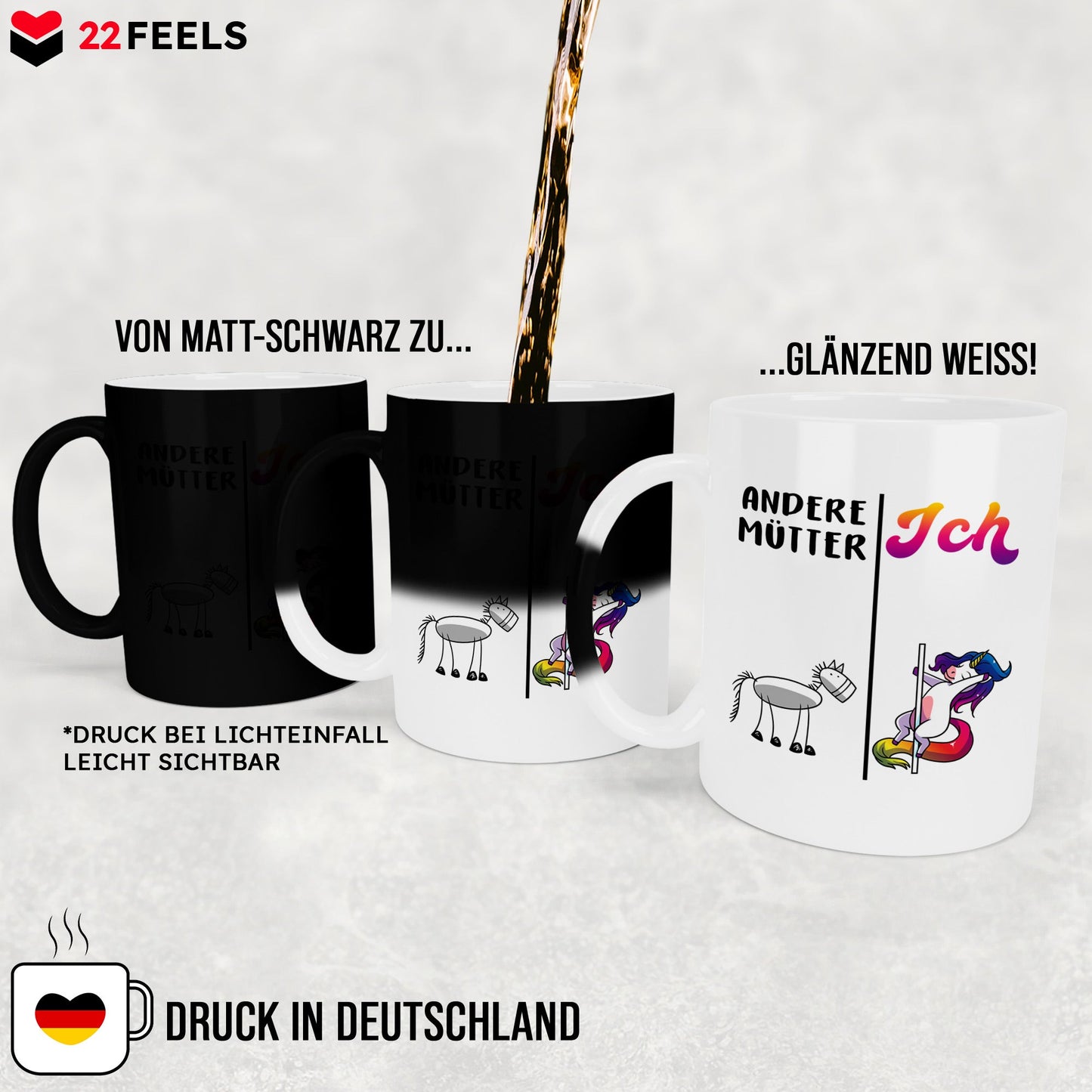 22Feels® Mama Geschenk - Zaubertasse mit Spruch: Andere Mütter Ich (Einhorn) (Matt-Schwarz und Weiss, 320ml)-Farbwechsel Tasse Matt 320ml-22Feels