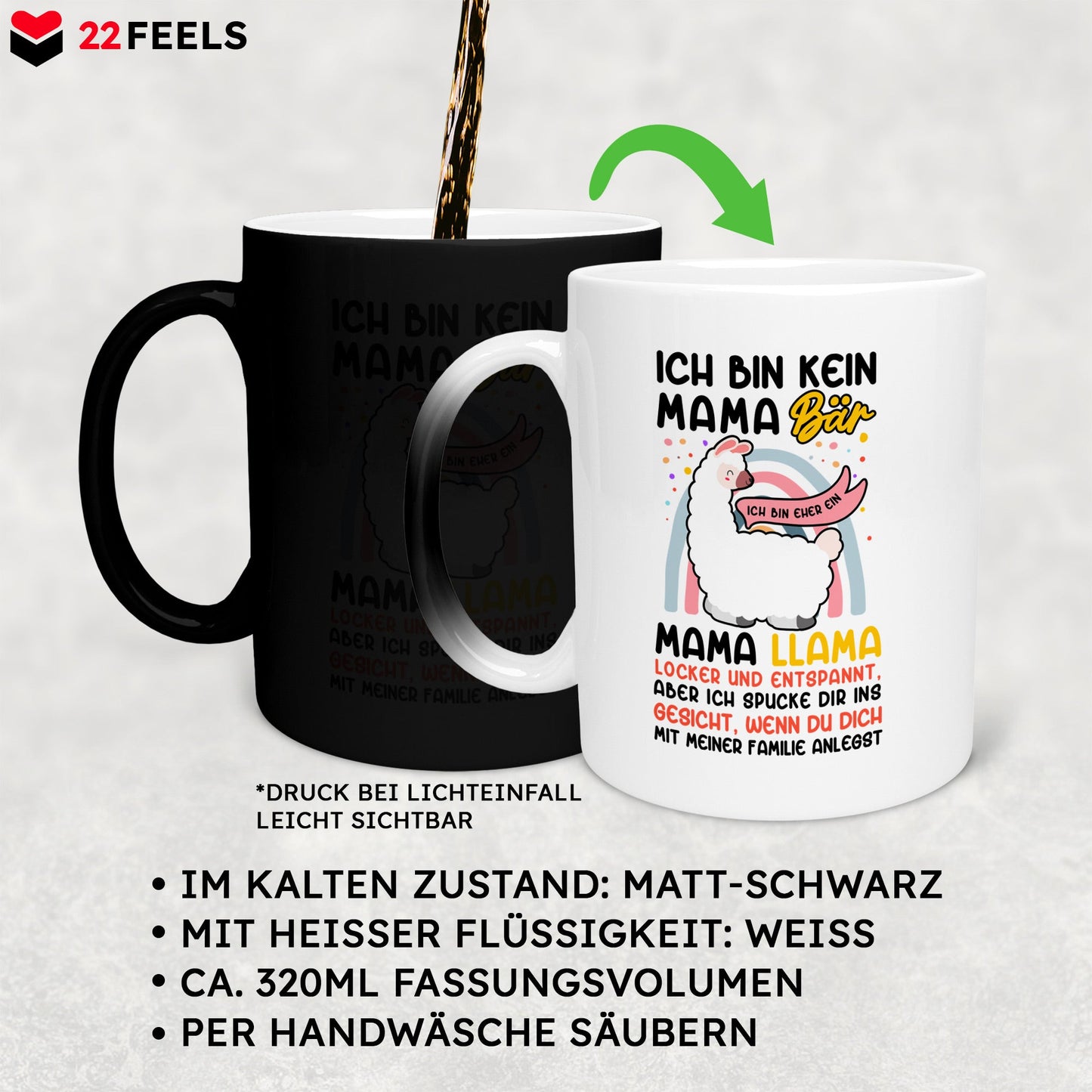 22Feels® Mama Geschenk - Zaubertasse mit Spruch: Keine Bär, sondern Llama (Matt-Schwarz und Weiss, 320ml)-Farbwechsel Tasse Matt 320ml-22Feels