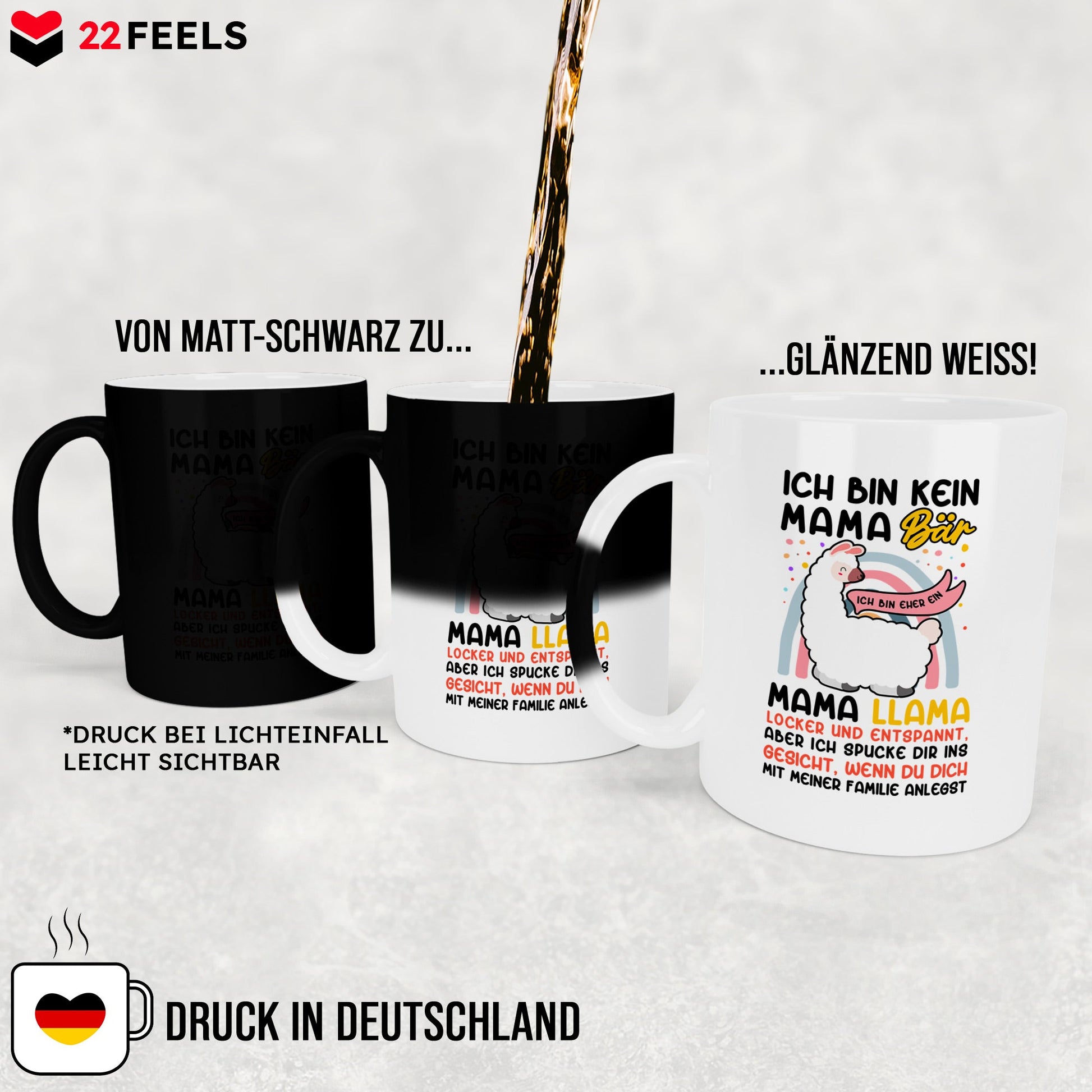 22Feels® Mama Geschenk - Zaubertasse mit Spruch: Keine Bär, sondern Llama (Matt-Schwarz und Weiss, 320ml)-Farbwechsel Tasse Matt 320ml-22Feels