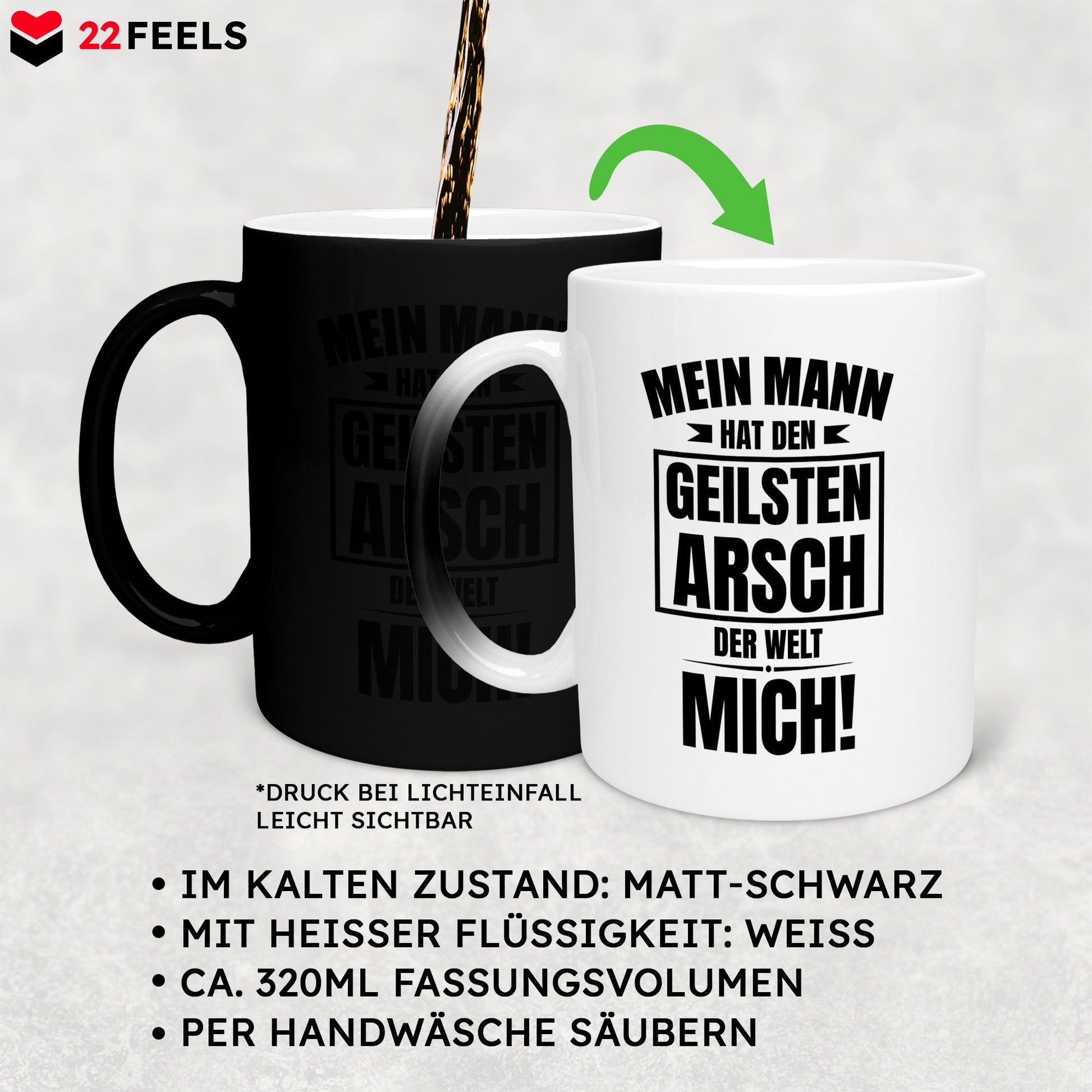 22Feels® Ehefrau Geschenk zum Hochzeitstag, Valentinstag etc. - Zaubertasse mit Spruch: Geilster A*sch (Matt-Schwarz und Weiss, 320ml)-Farbwechsel Tasse Matt 320ml-22Feels