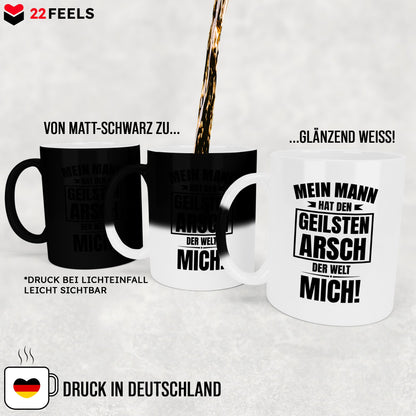 22Feels® Ehefrau Geschenk zum Hochzeitstag, Valentinstag etc. - Zaubertasse mit Spruch: Geilster A*sch (Matt-Schwarz und Weiss, 320ml)-Farbwechsel Tasse Matt 320ml-22Feels