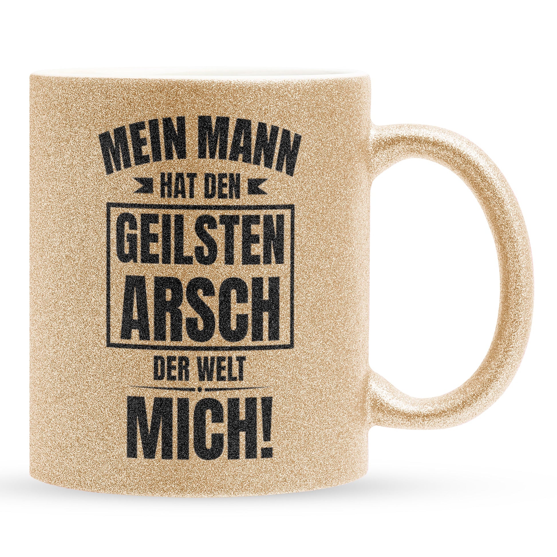 22Feels® Ehefrau Geschenk zum Hochzeitstag, Valentinstag etc. - Glitzertasse mit Spruch: Geilster A*sch (Gold, 320ml)-Glitzertasse Gold 320ml-22Feels