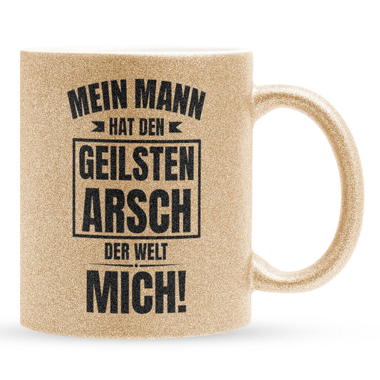 22Feels® Ehefrau Geschenk zum Hochzeitstag, Valentinstag etc. - Glitzertasse mit Spruch: Geilster A*sch (Gold, 320ml)-Glitzertasse Gold 320ml-22Feels