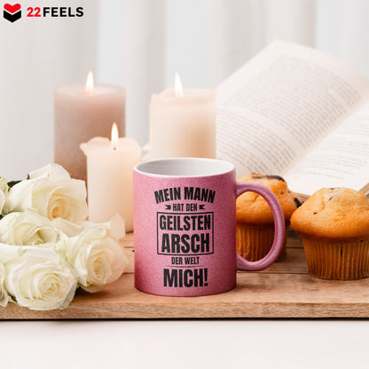 22Feels® Ehefrau Geschenk zum Hochzeitstag, Valentinstag etc. - Glitzertasse mit Spruch: Geilster A*sch (Pink, 320ml)-Glitzertasse Pink 320ml-22Feels