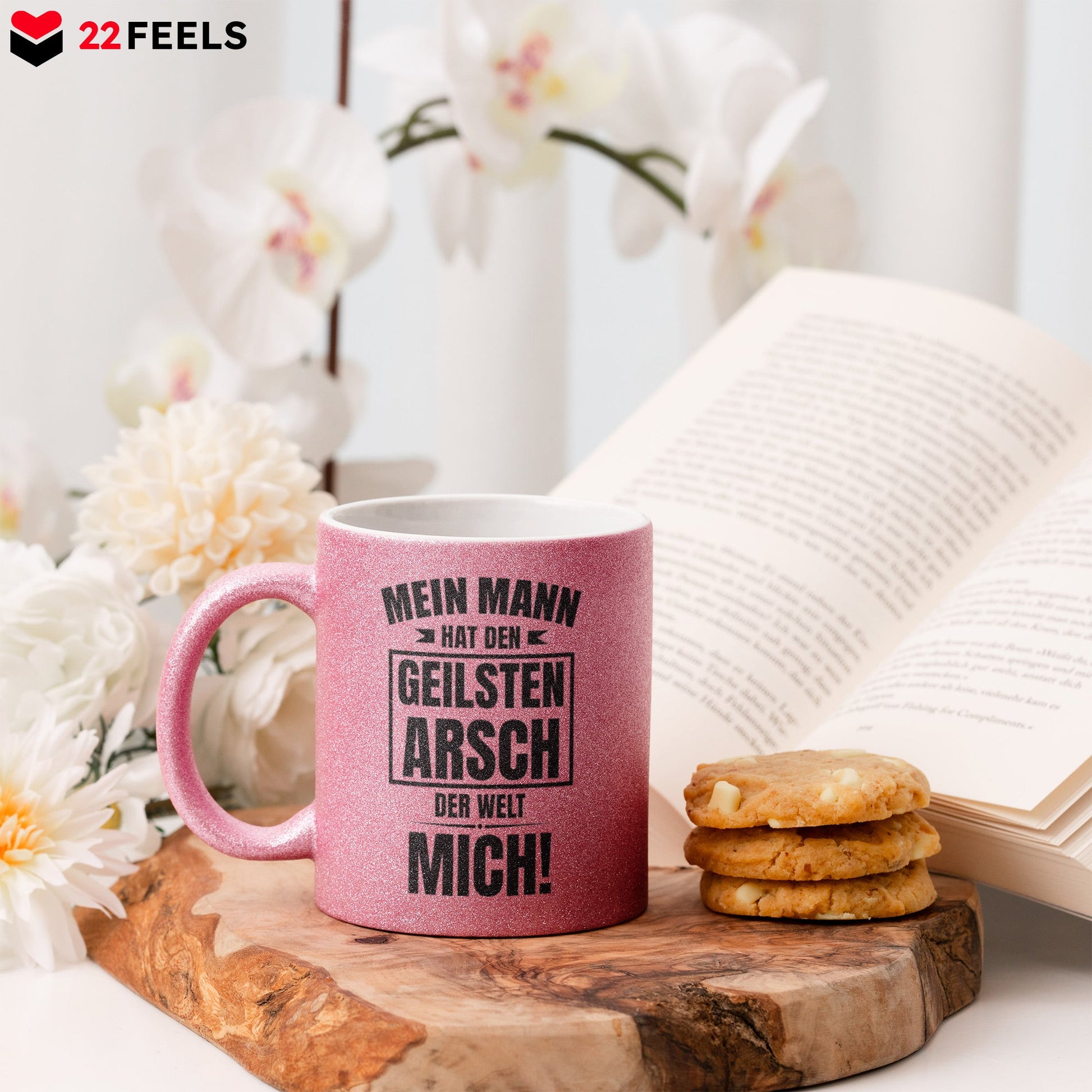 22Feels® Ehefrau Geschenk zum Hochzeitstag, Valentinstag etc. - Glitzertasse mit Spruch: Geilster A*sch (Pink, 320ml)-Glitzertasse Pink 320ml-22Feels